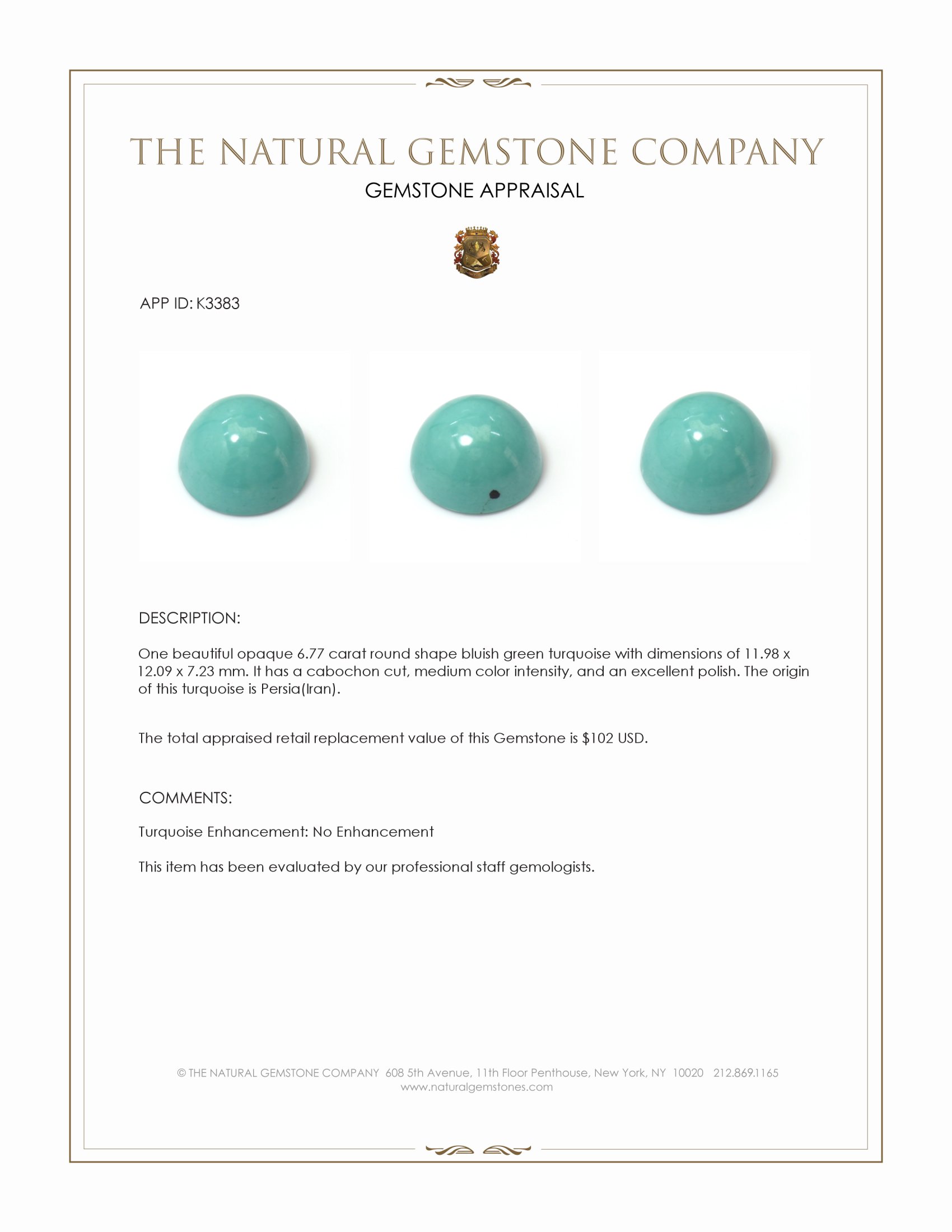 6.77 Ct. Bluish Green Cabochon Turquoise from Persia(Iran)