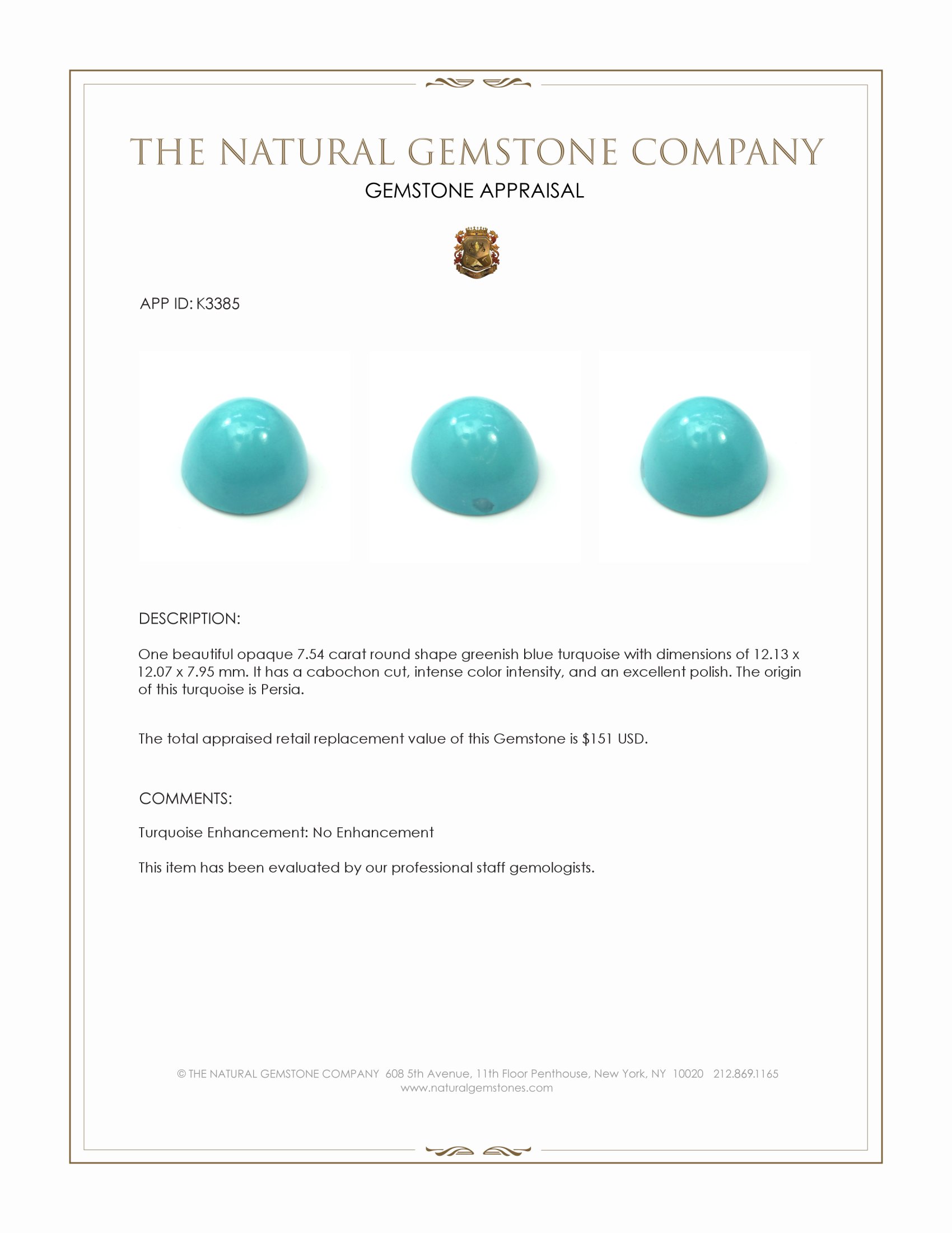 7.54 Ct. Cabochon Turquoise from Persia