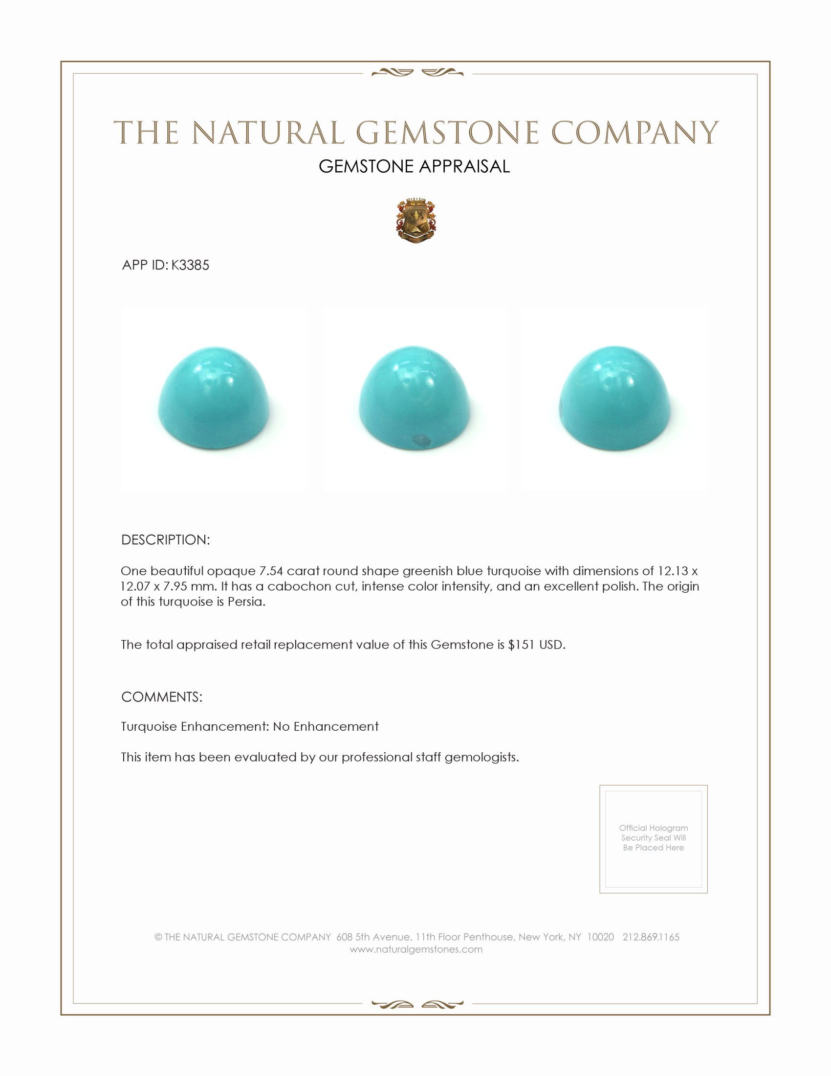 7.54 Ct. Cabochon Turquoise from Persia
