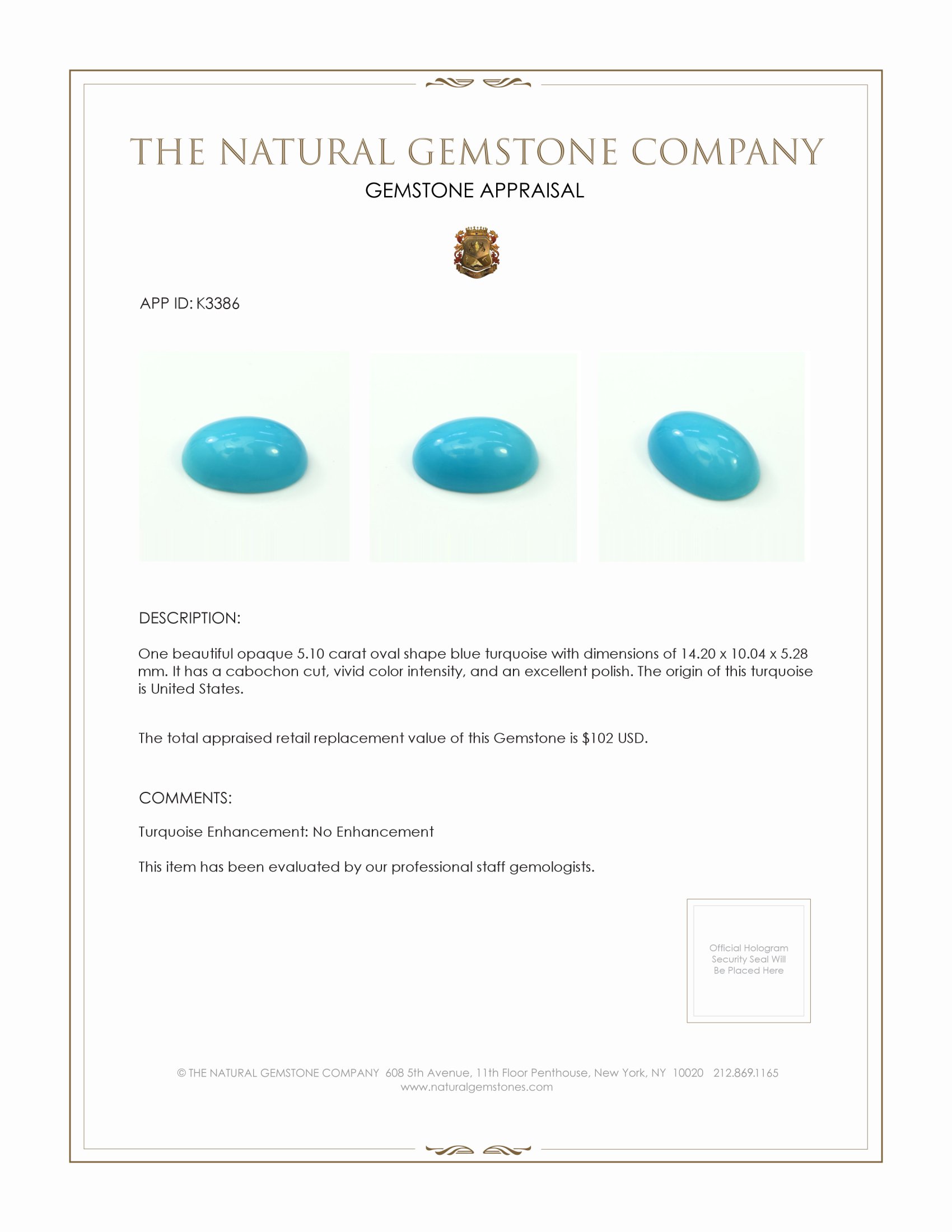 5.10 Ct. Cabochon Turquoise from United States