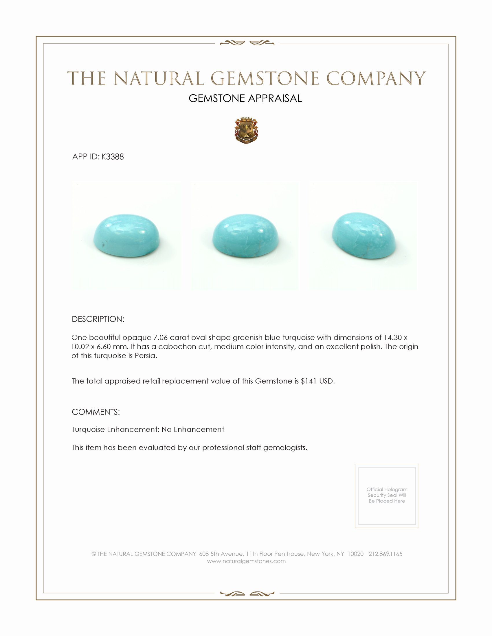 7.06 Ct. Cabochon Turquoise from Persia