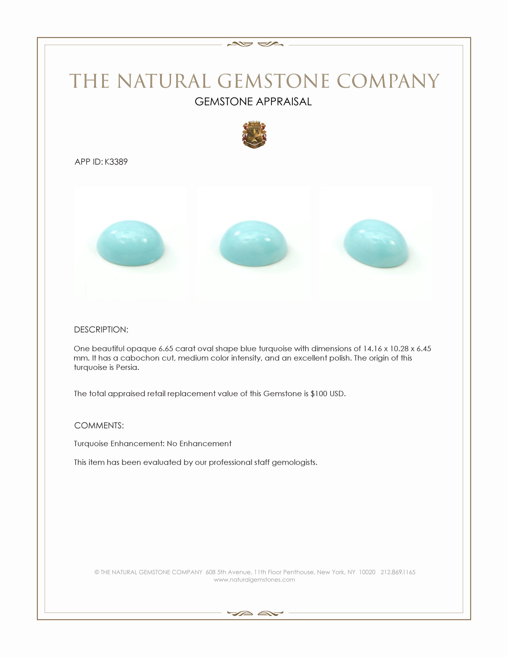 6.65 Ct. Cabochon Turquoise from Persia