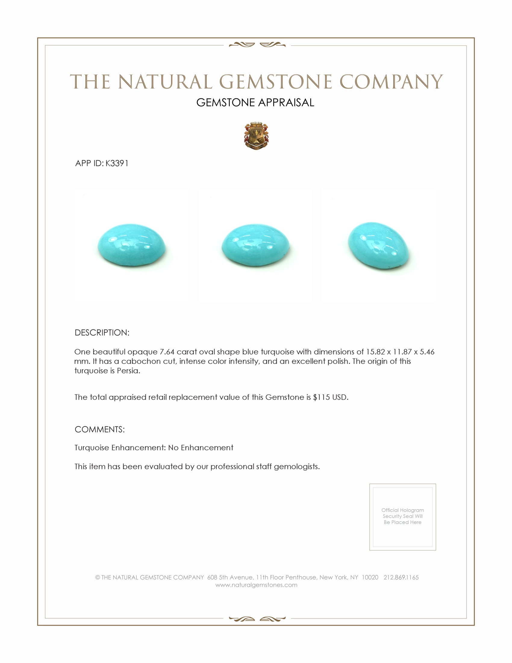 7.64 Ct. Cabochon Turquoise from Persia(Iran)