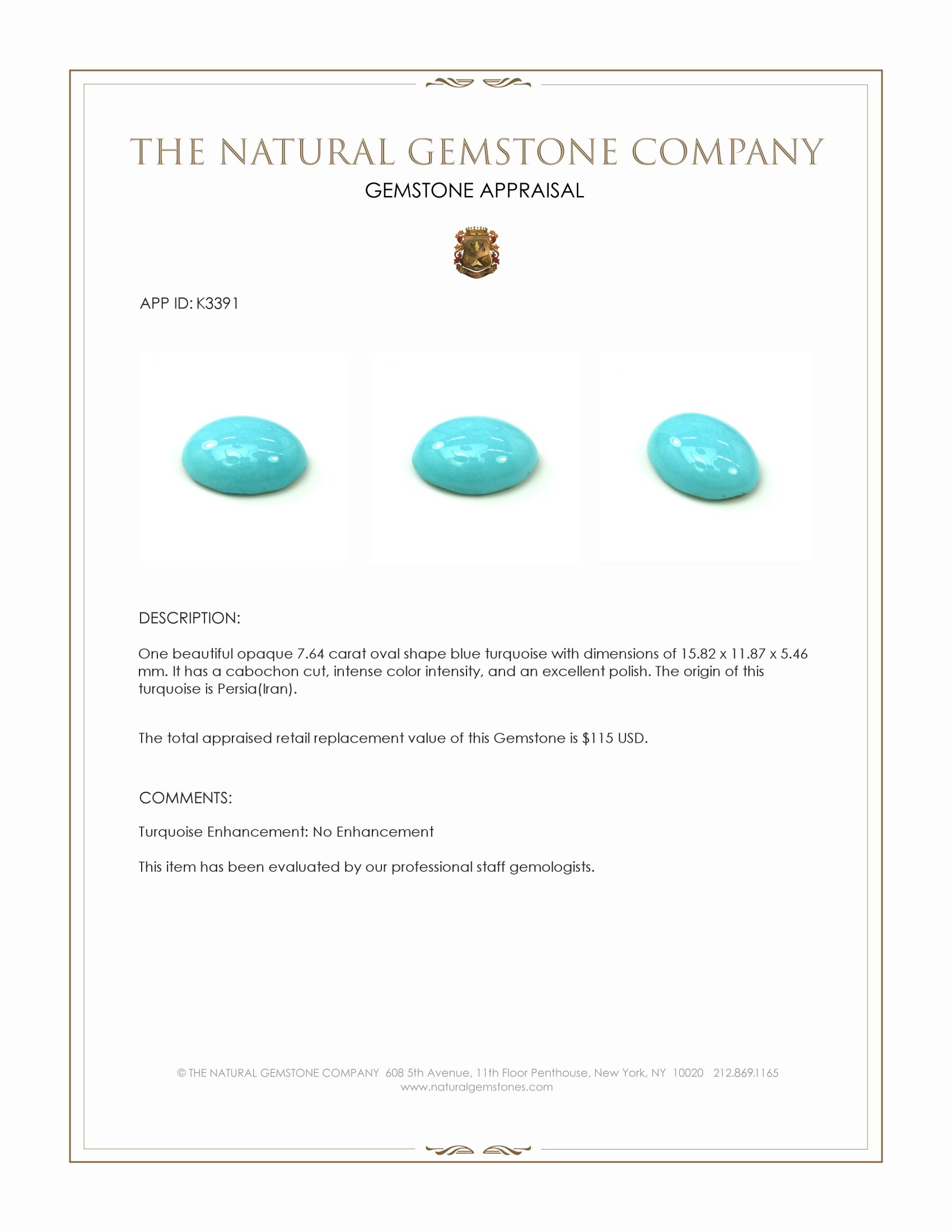 7.64 Ct. Blue Cabochon Turquoise from Persia(Iran)