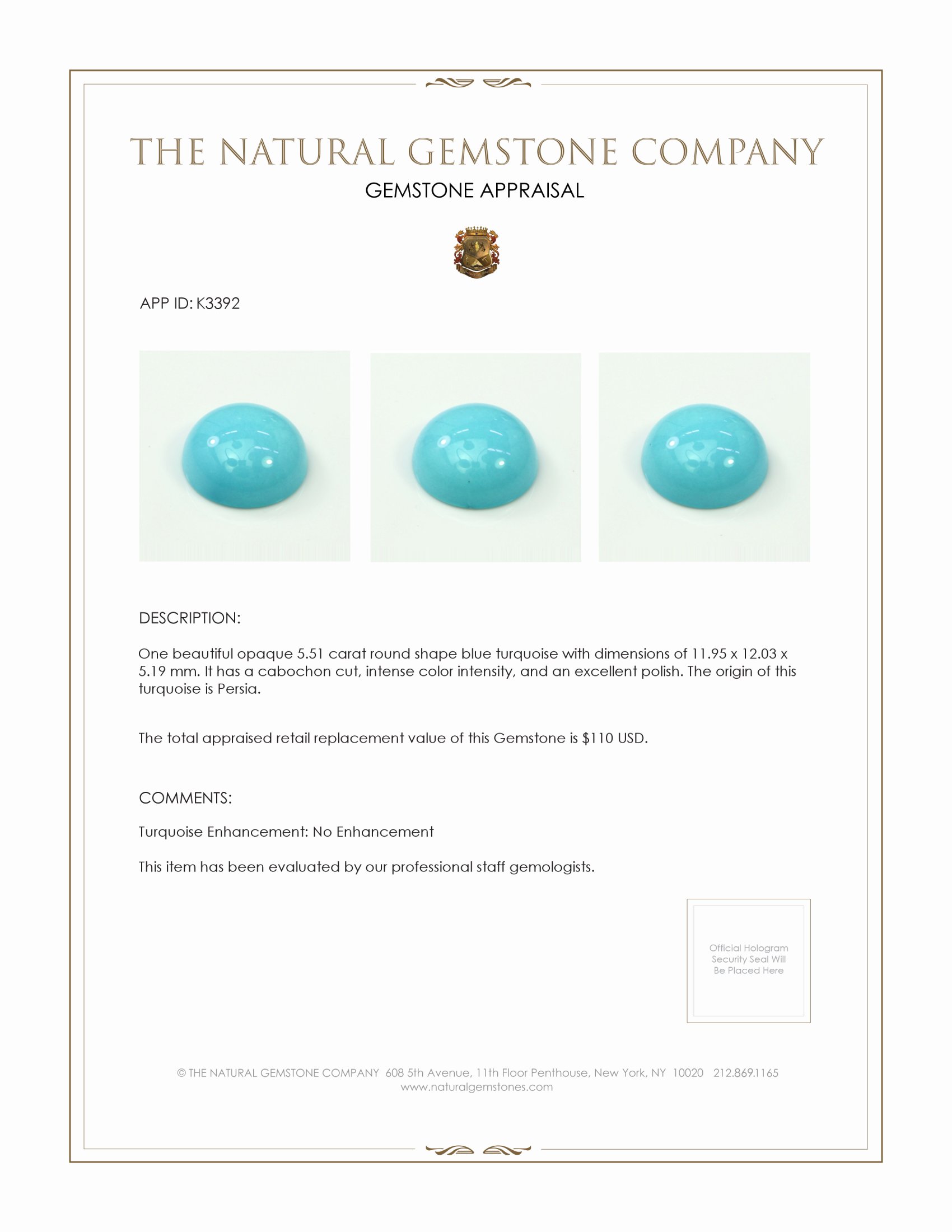 5.51 Ct. Cabochon Turquoise from Persia(Iran)