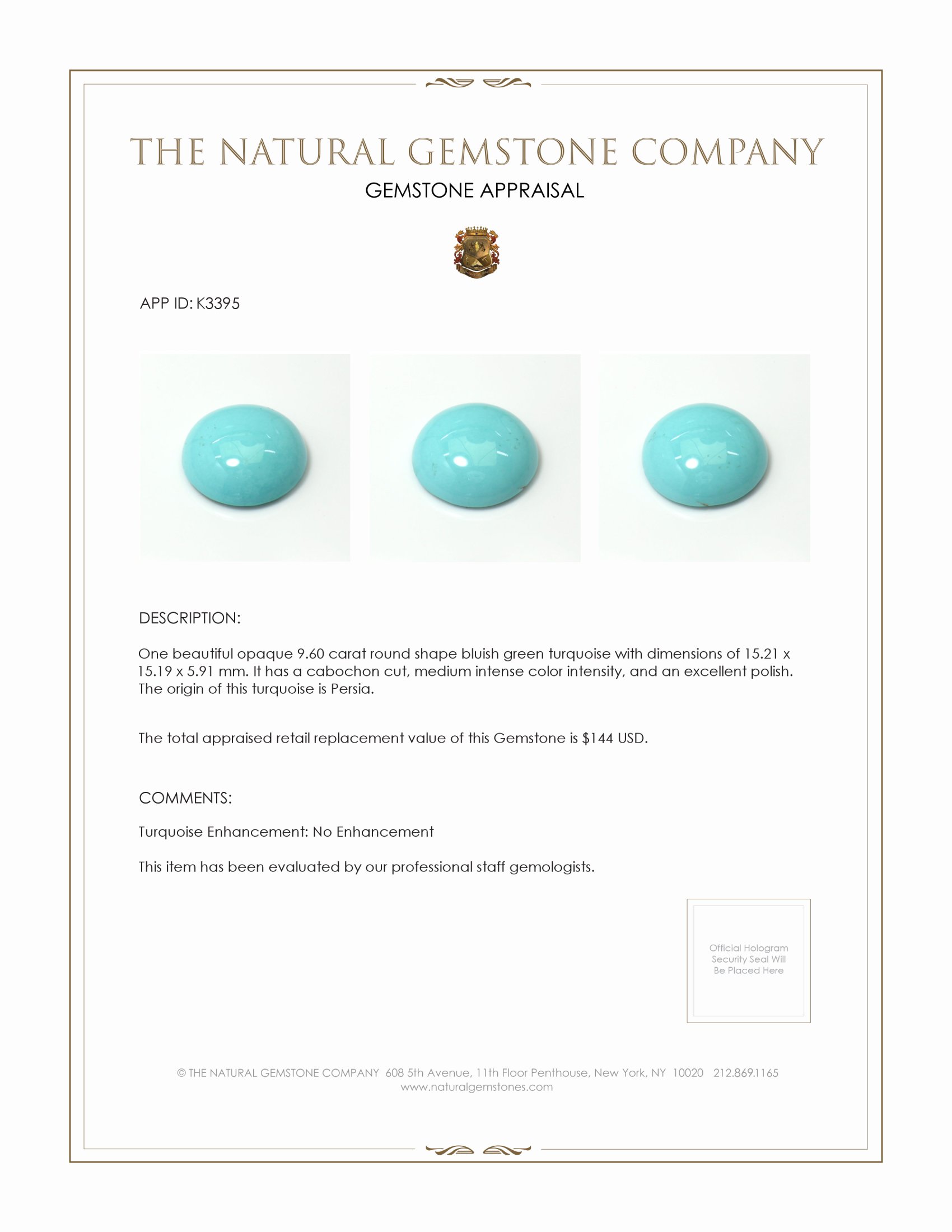 9.60 Ct. Cabochon Turquoise from Persia