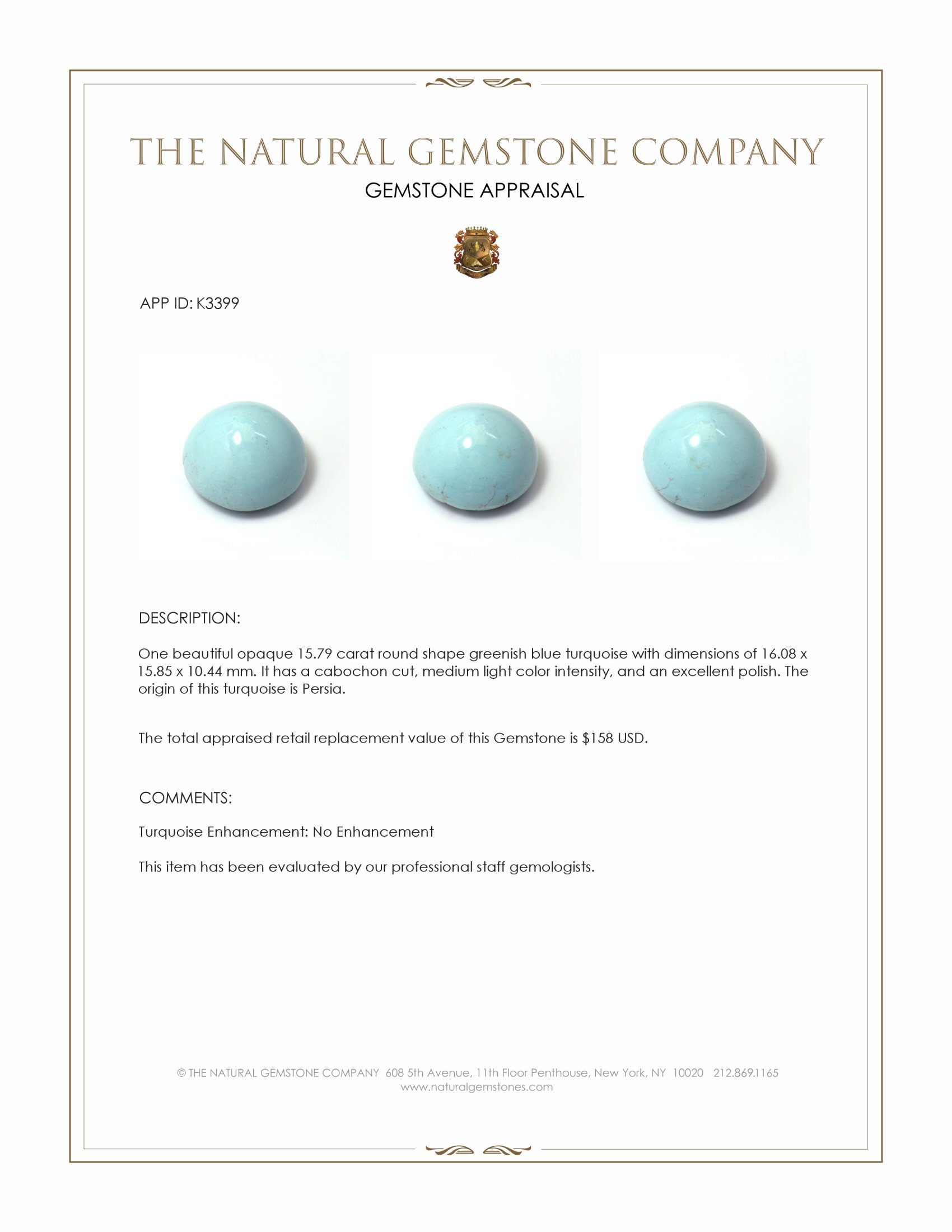 15.79 Ct. Cabochon Turquoise from Persia