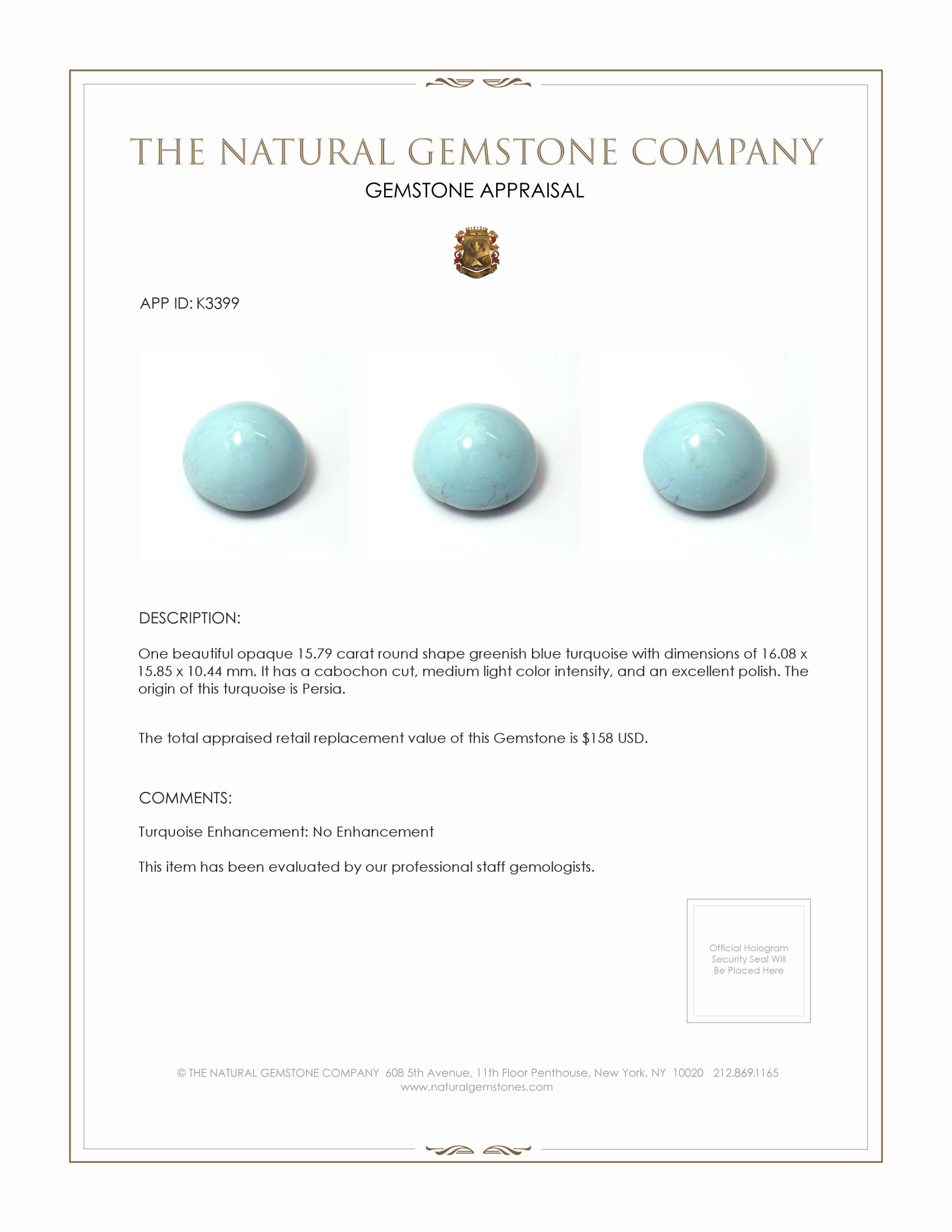 15.79 Ct. Cabochon Turquoise from Persia