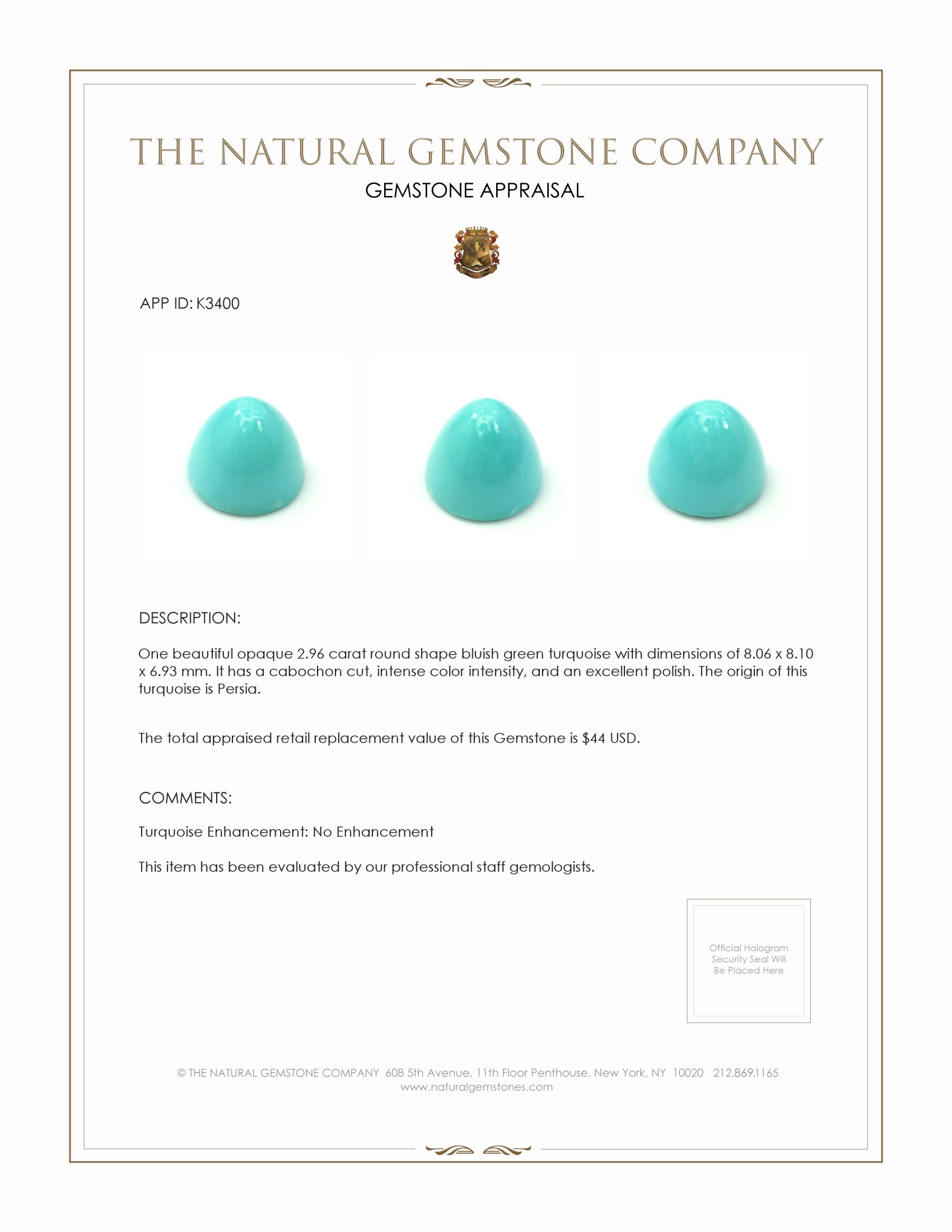 2.96 Ct. Cabochon Turquoise from Persia