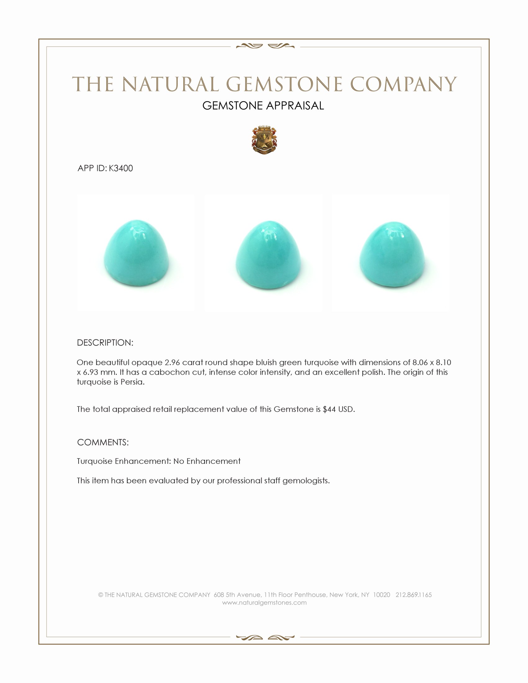 2.96 Ct. Cabochon Turquoise from Persia