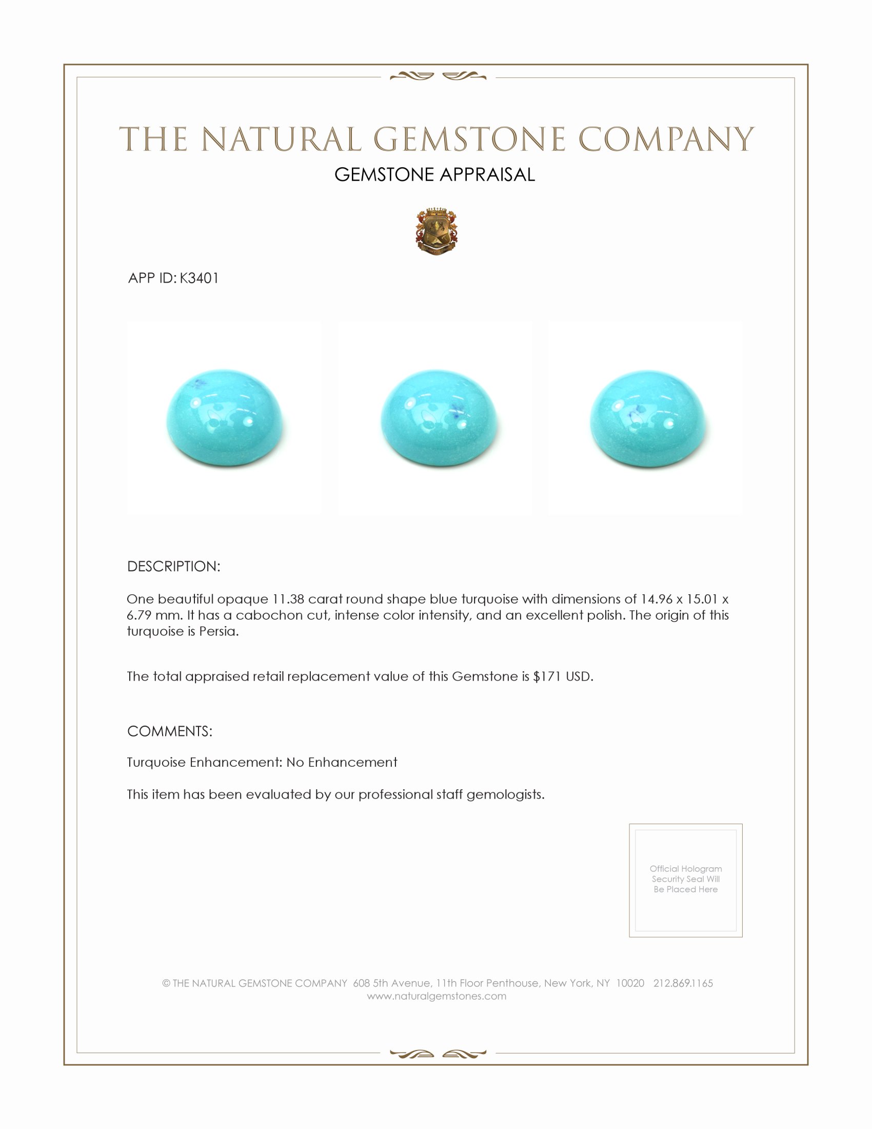 11.38 Ct. Cabochon Turquoise from Persia