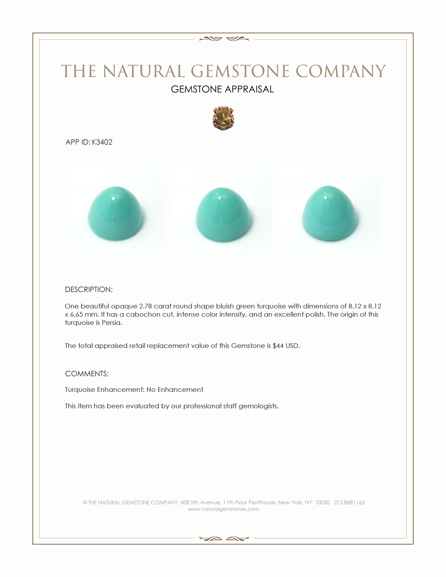 2.78 Ct. Bluish Green Cabochon Turquoise from Persia(Iran)