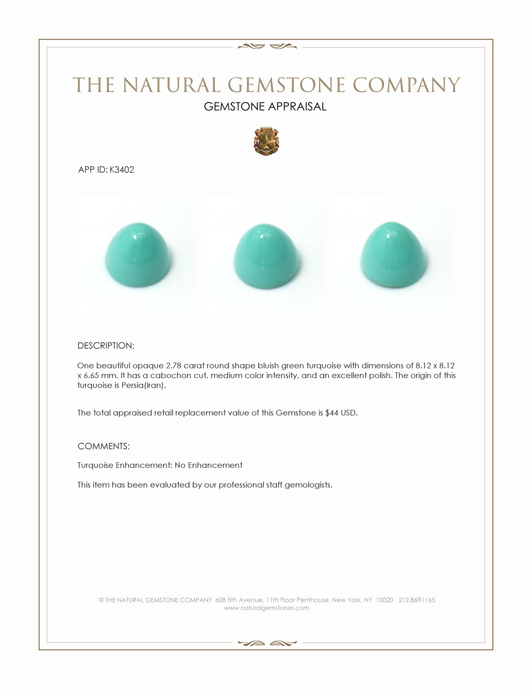 2.78 Ct. Bluish Green Cabochon Turquoise from Persia(Iran)