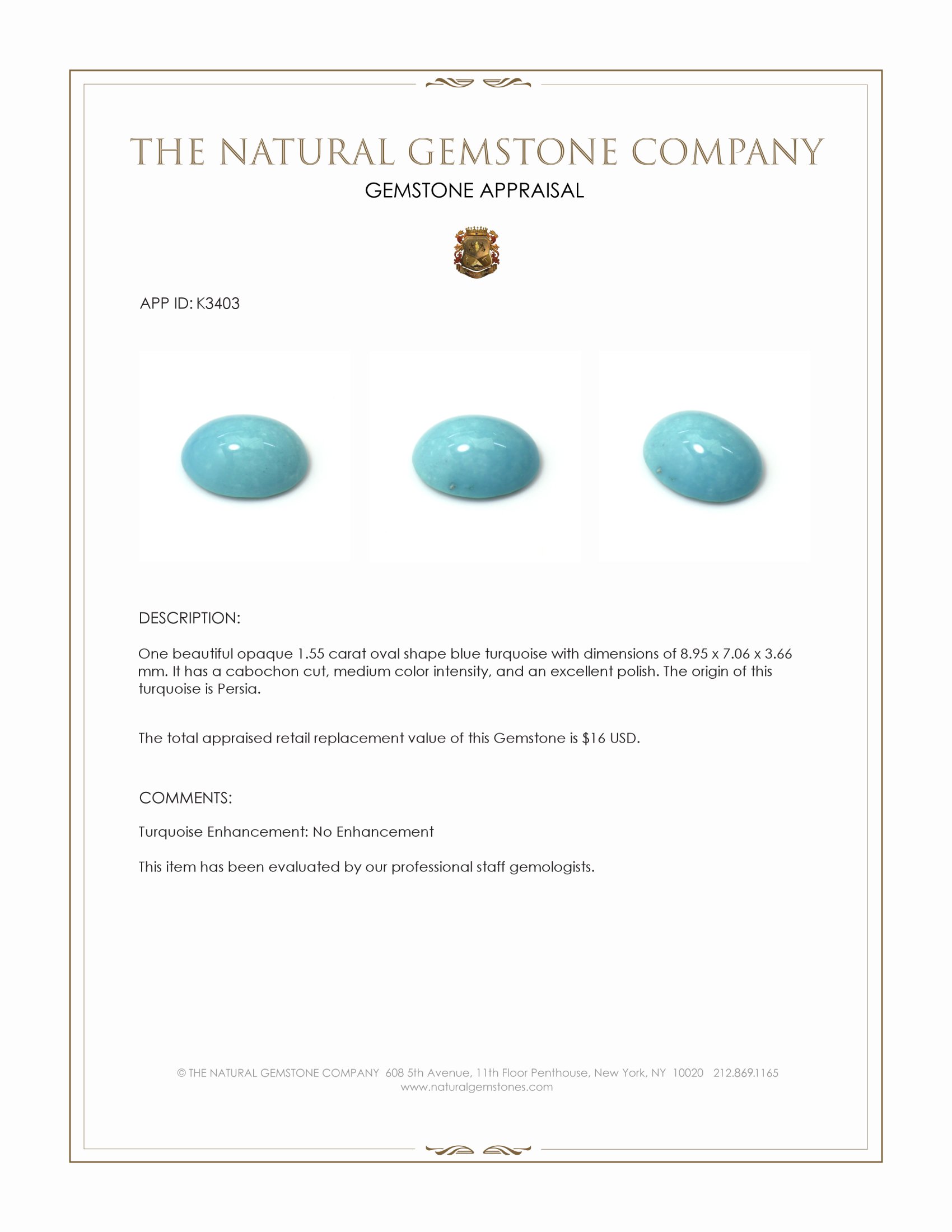 1.55 Ct. Cabochon Turquoise from Persia