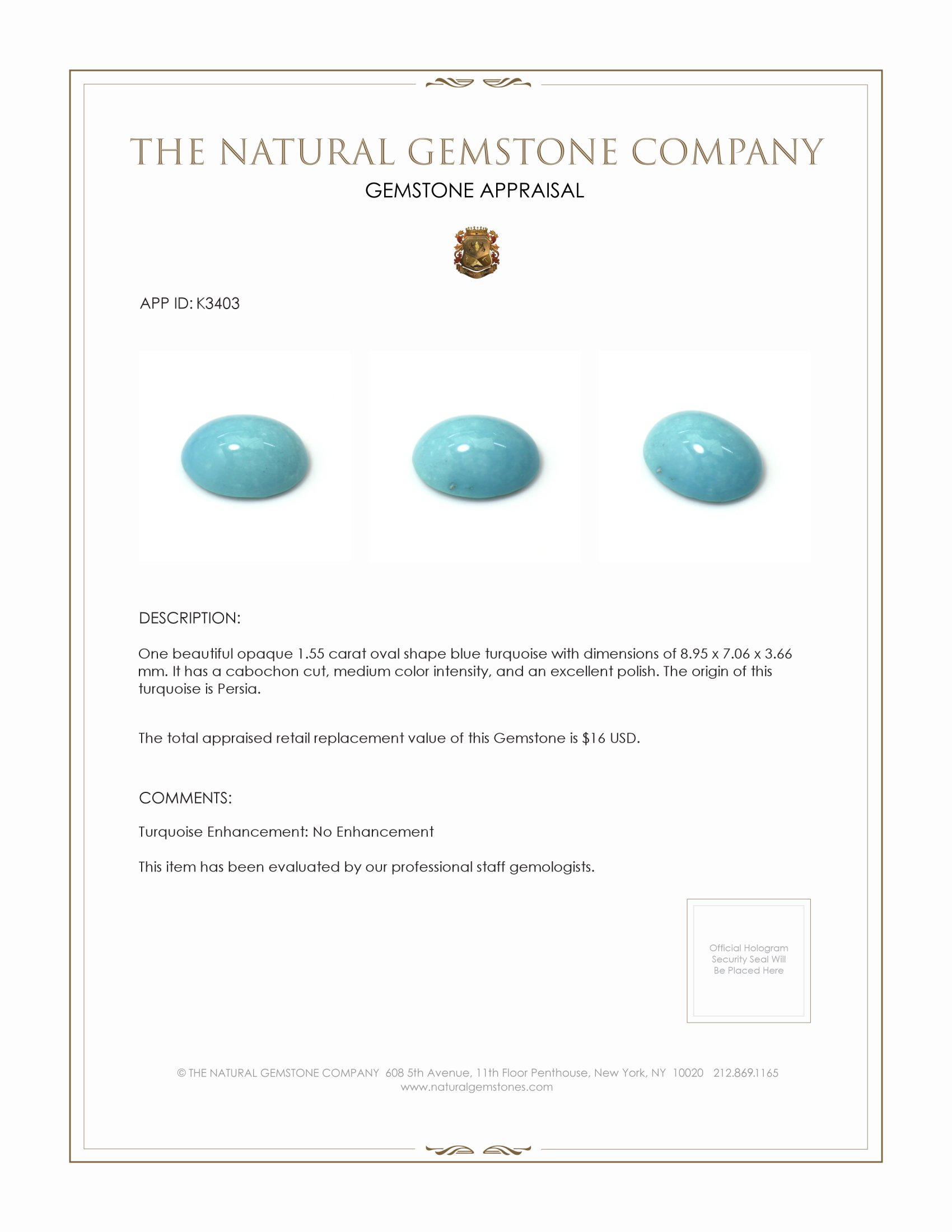 1.55 Ct. Cabochon Turquoise from Persia