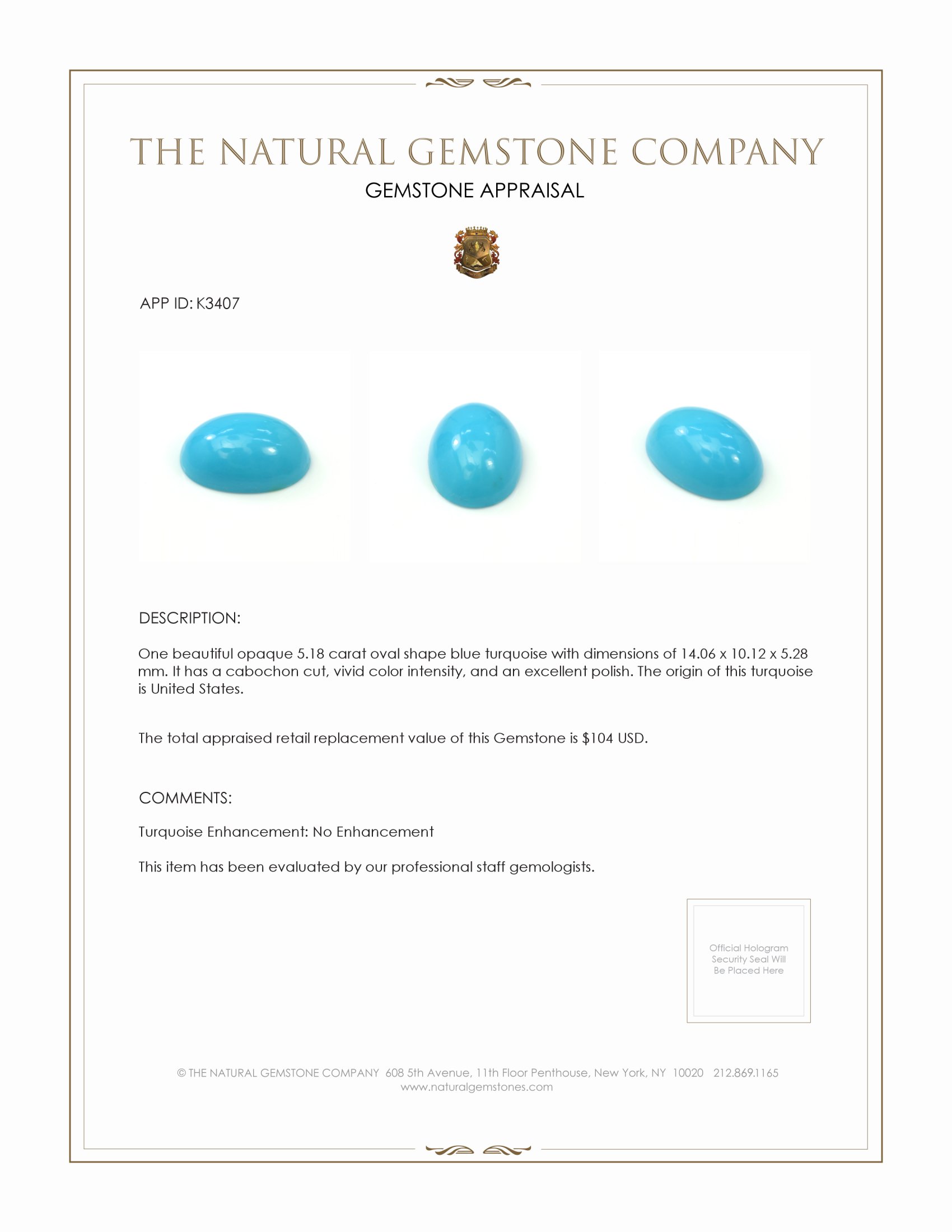 5.18 Ct. Cabochon Turquoise from USA