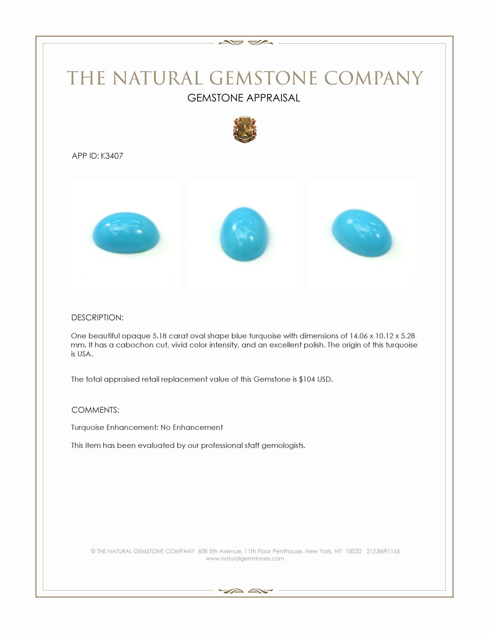 5.18 Ct. Blue Cabochon Turquoise from USA