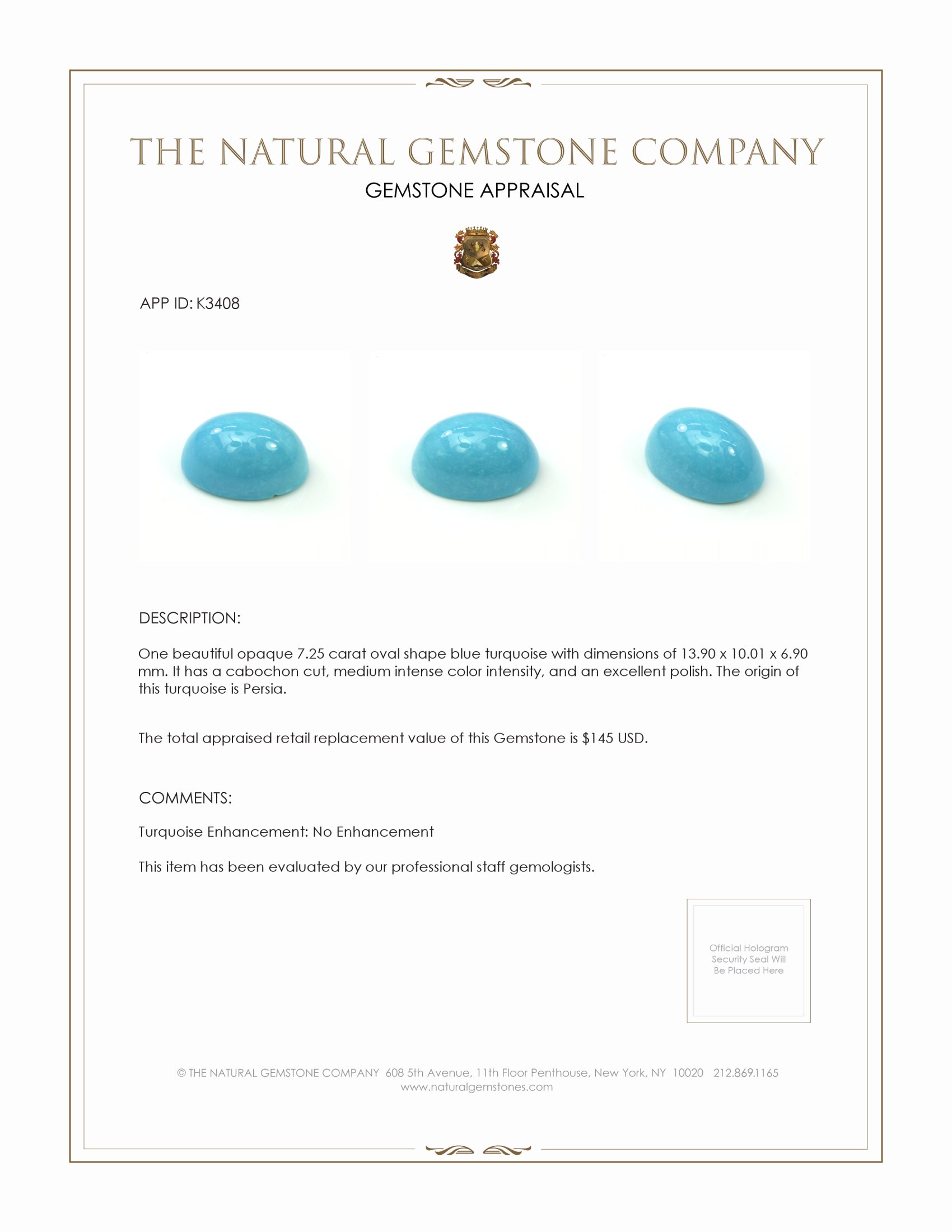 7.25 Ct. Cabochon Turquoise from Persia(Iran)