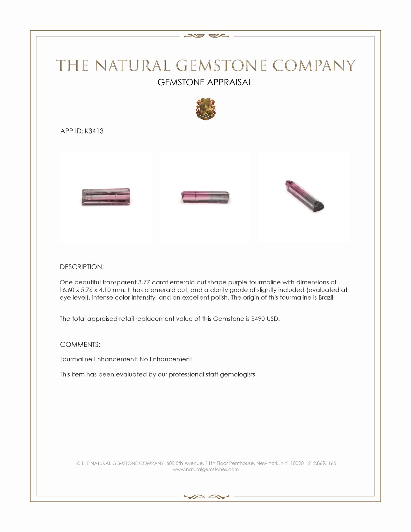 3.77 Ct. Purple Tourmaline from Brazil