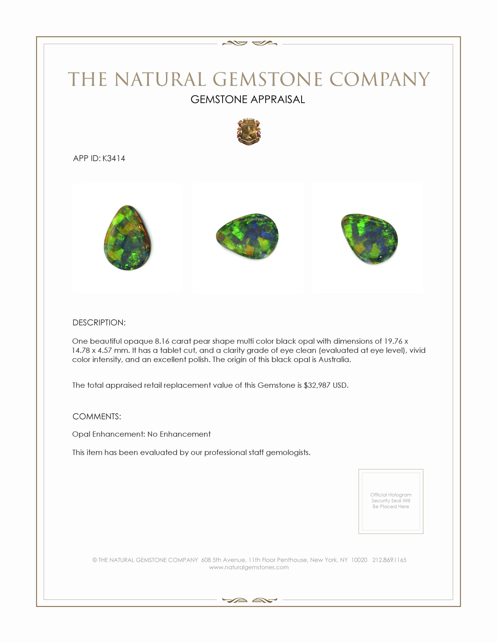 8.16 Ct. Multi Color Black Opal (Dark Opal) from Australia