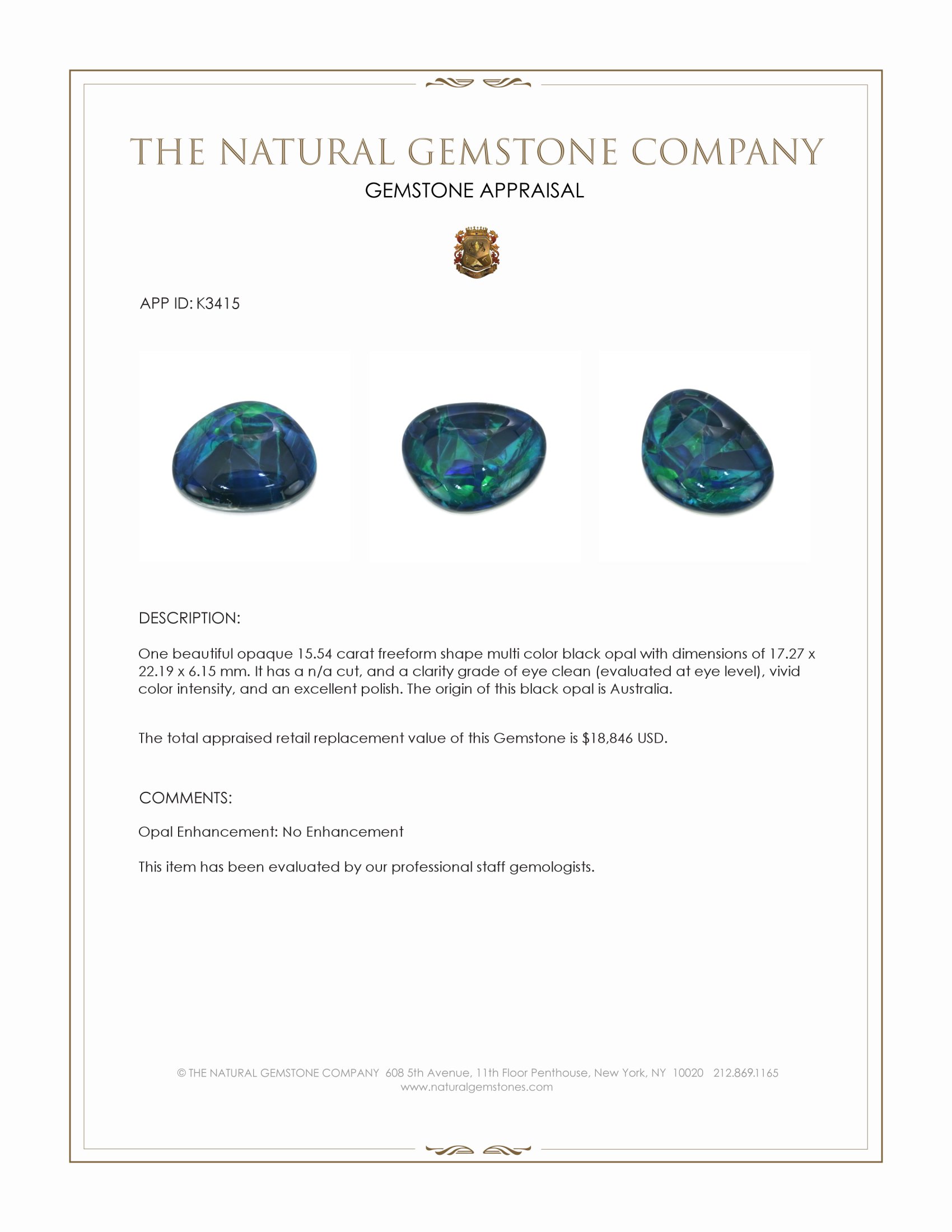 15.54 Ct. Multi Color Black Opal from Australia