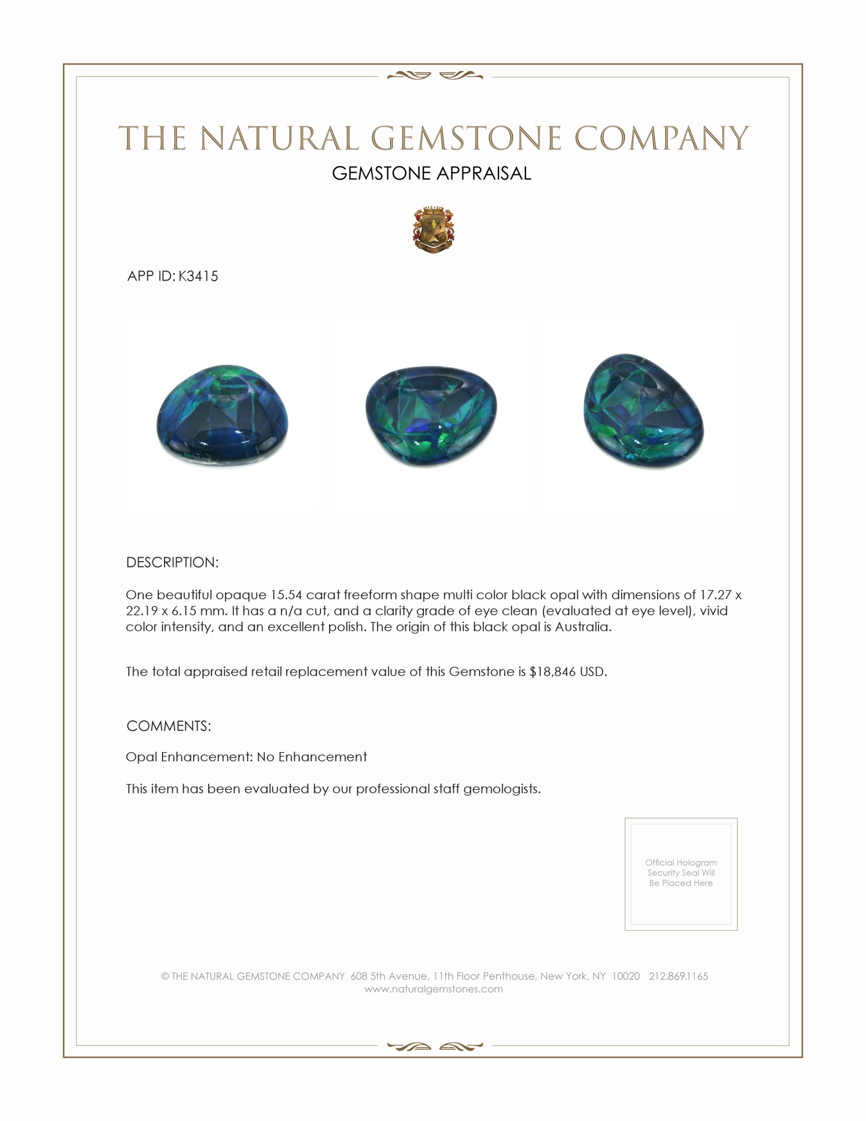 15.54 Ct. Black Opal from Australia