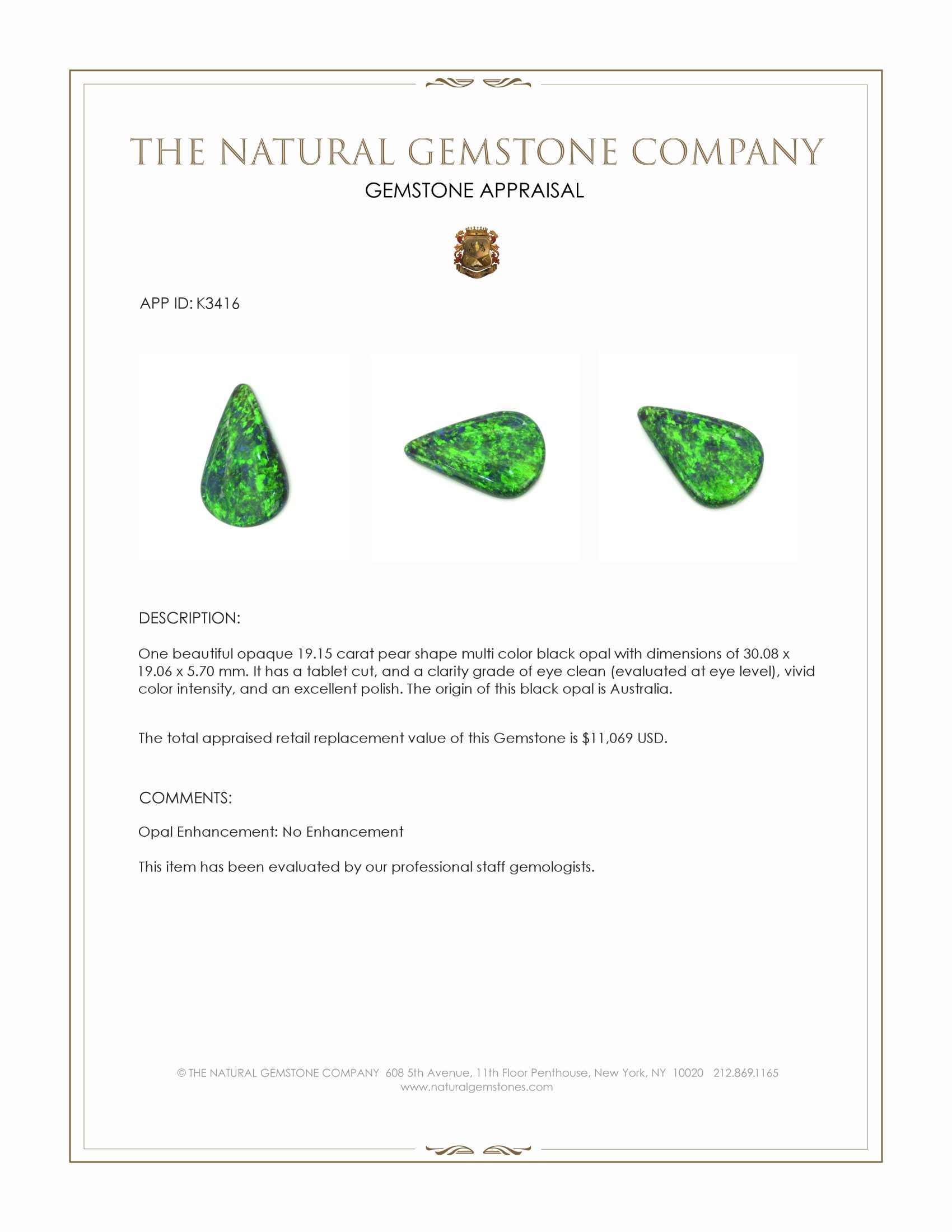 19.15 Ct. Multi Color Black Opal from Australia