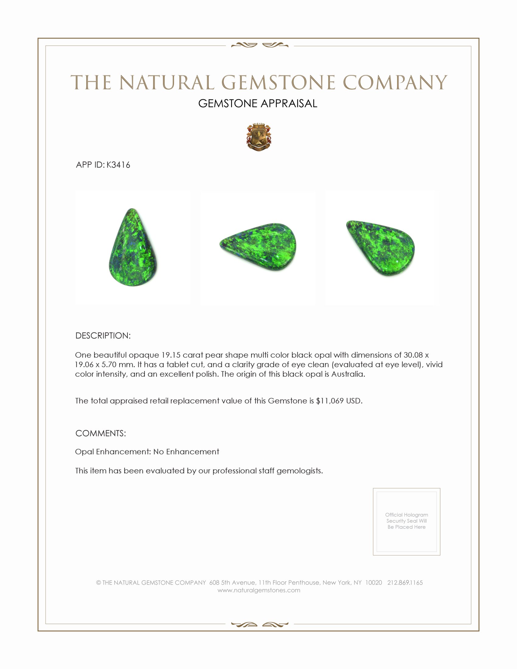 19.15 Ct. Black Opal from Australia