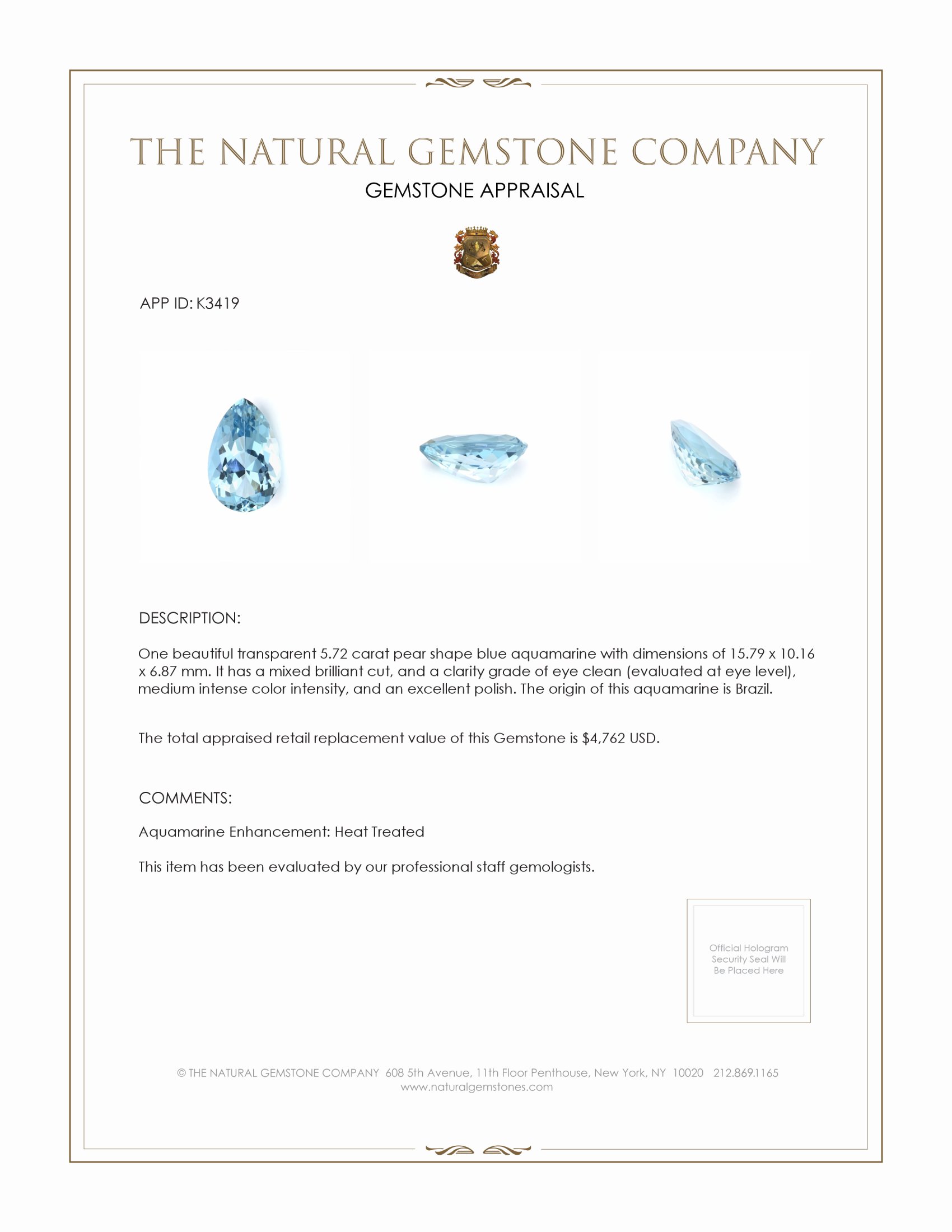 5.72 Ct. Aquamarine from Brazil