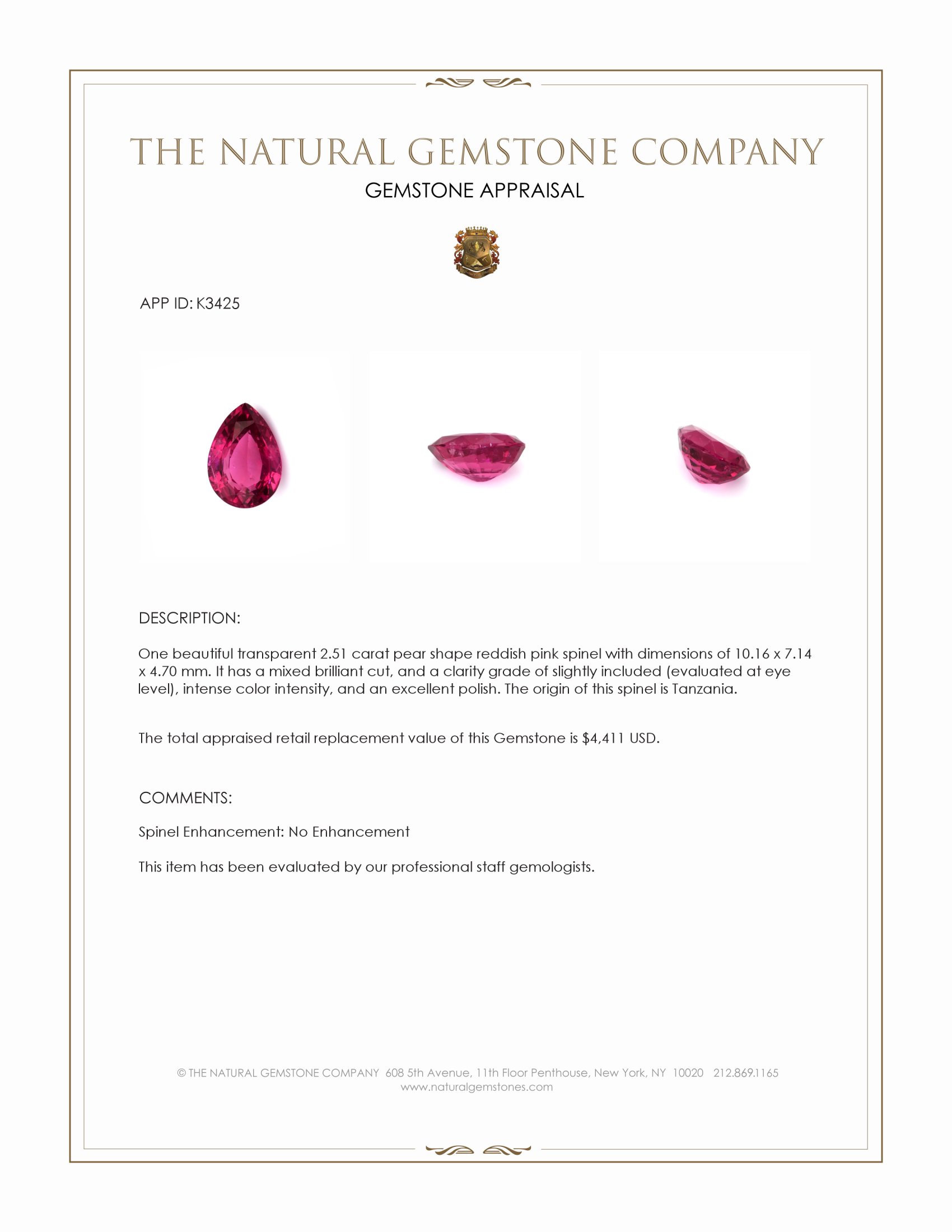 2.51 Ct. Reddish Pink Spinel from Tanzania