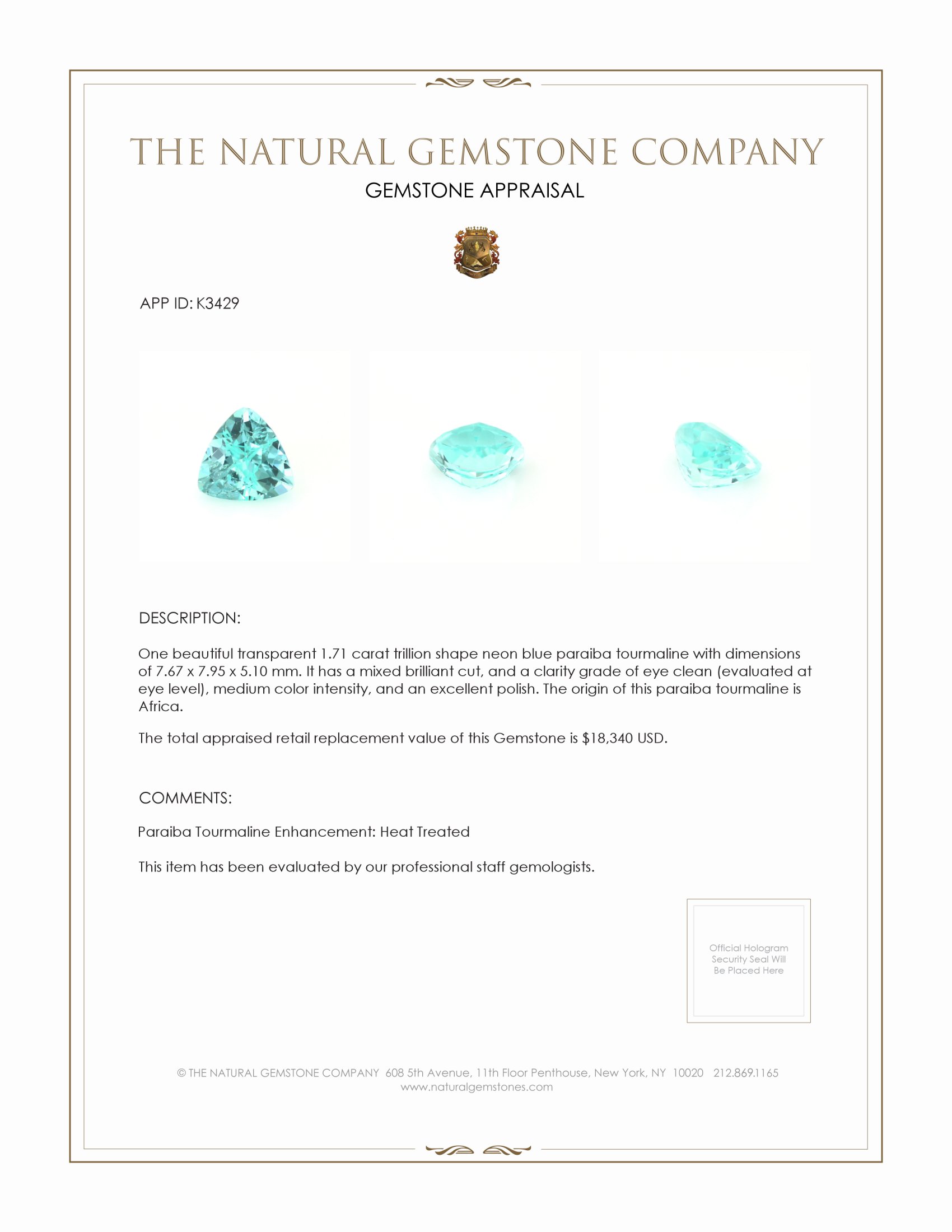 1.71 Ct. Paraiba Tourmaline from Africa