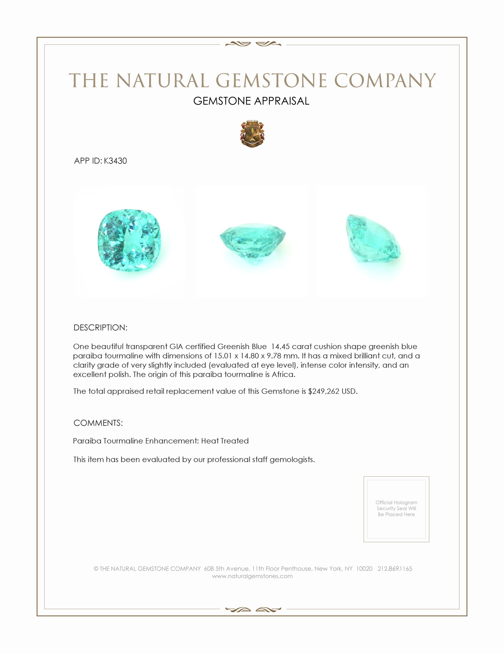 14.45 Ct. Paraiba Tourmaline from Africa