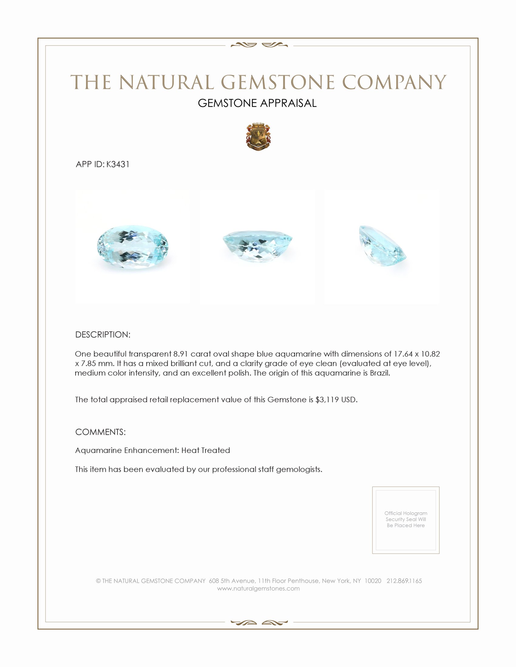 8.91 Ct. Aquamarine from Brazil