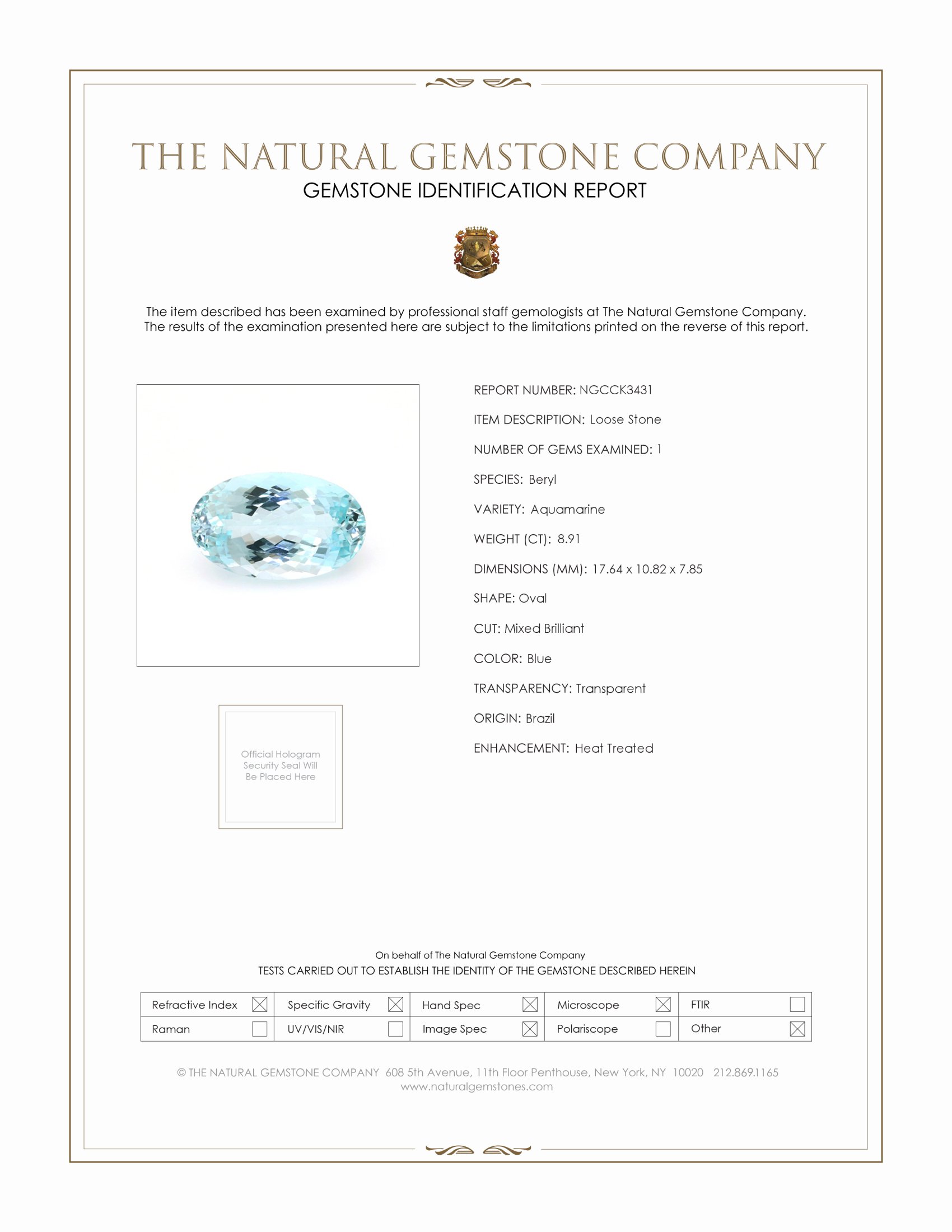 8.91 Ct. Aquamarine from Brazil