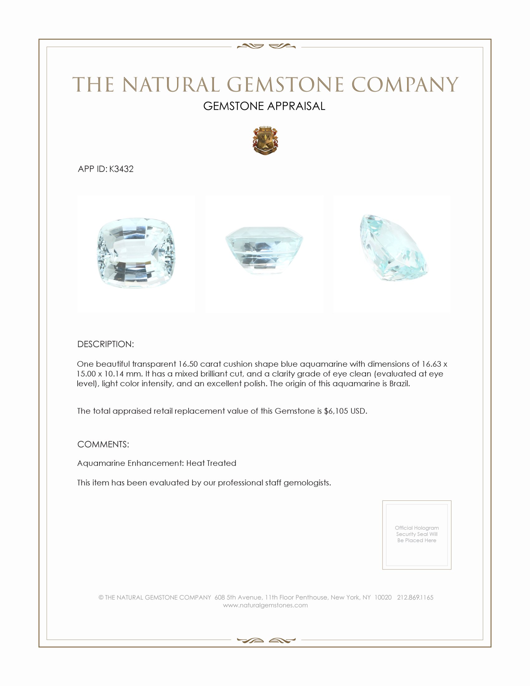16.50 Ct. Aquamarine from Brazil