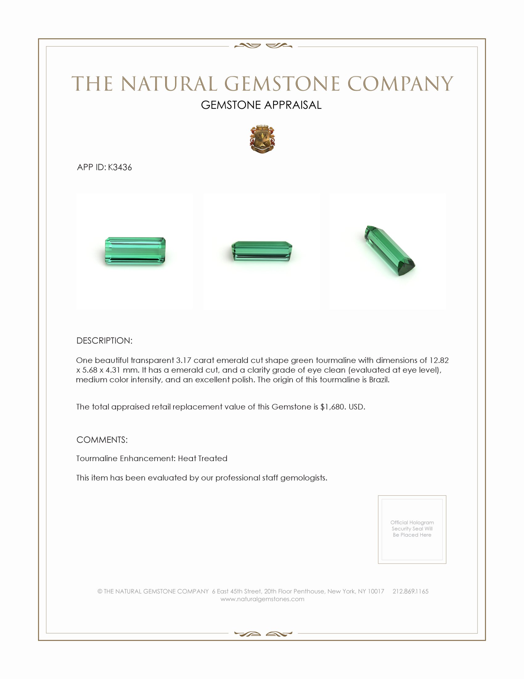 3.17 Ct. Green Tourmaline from Brazil