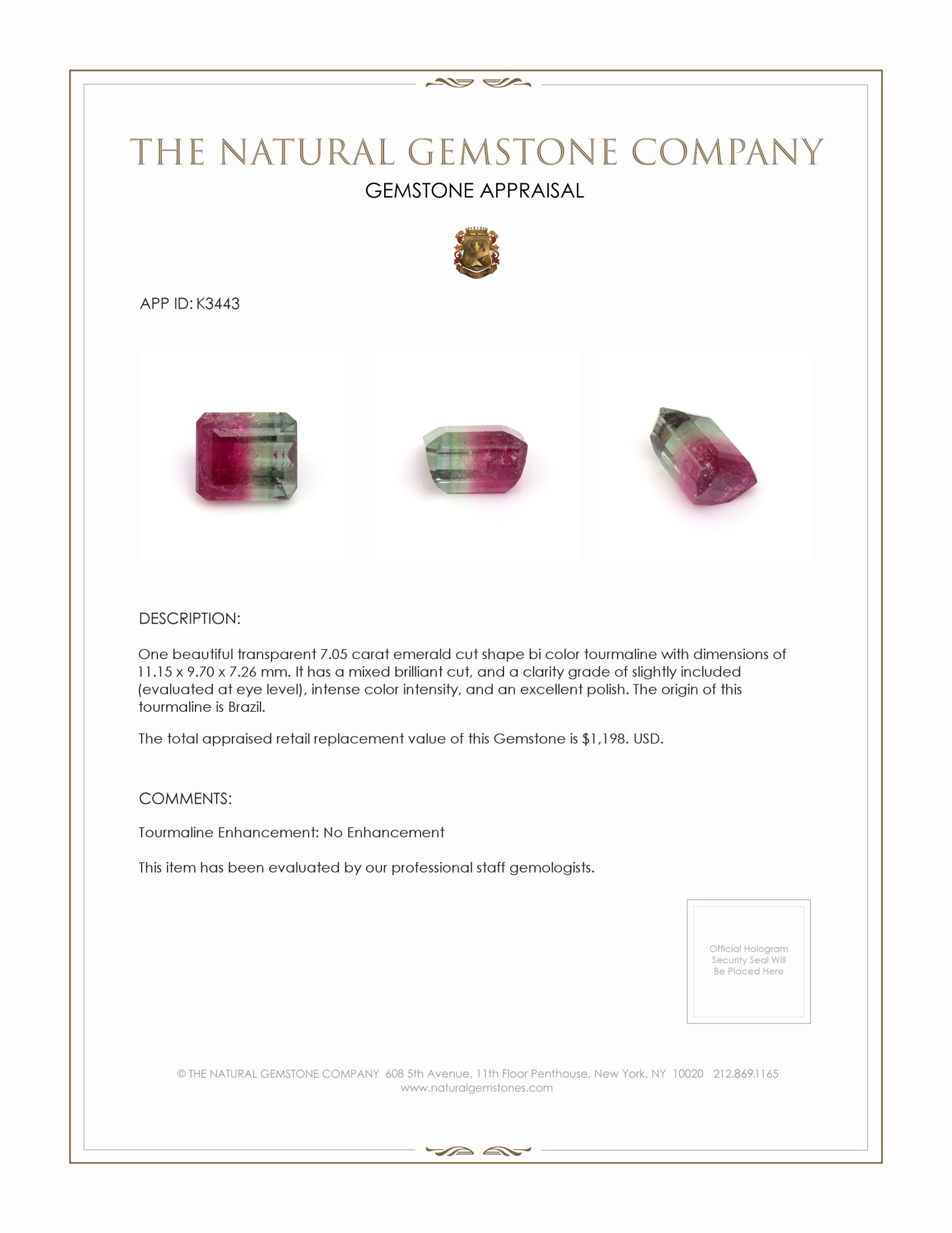 7.05 Ct. Tourmaline from Brazil