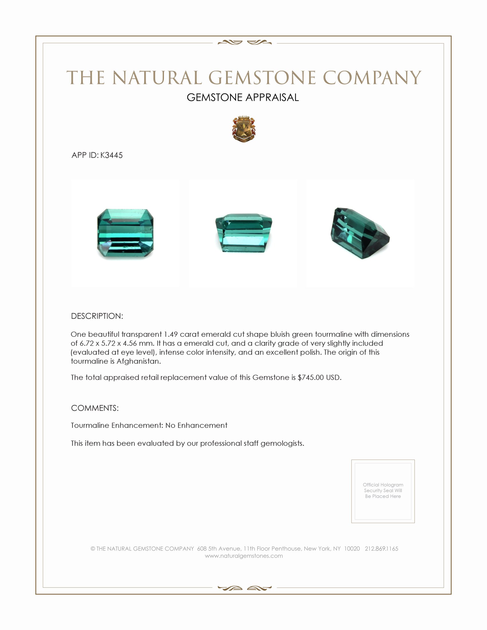 1.49 Ct. Tourmaline from Afghanistan