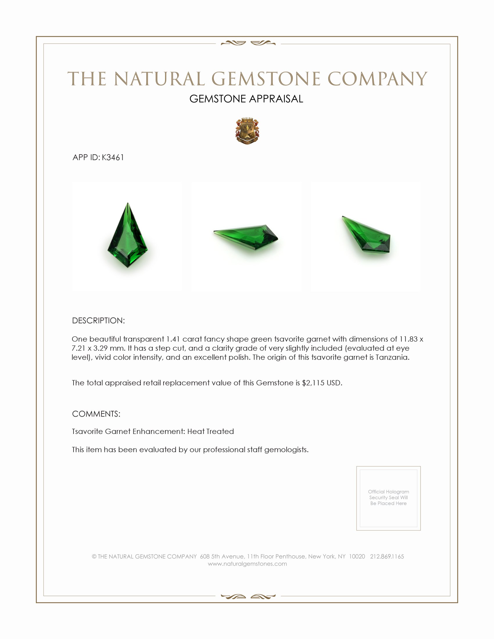 1.41 Ct. Tsavorite Garnet from Tanzania