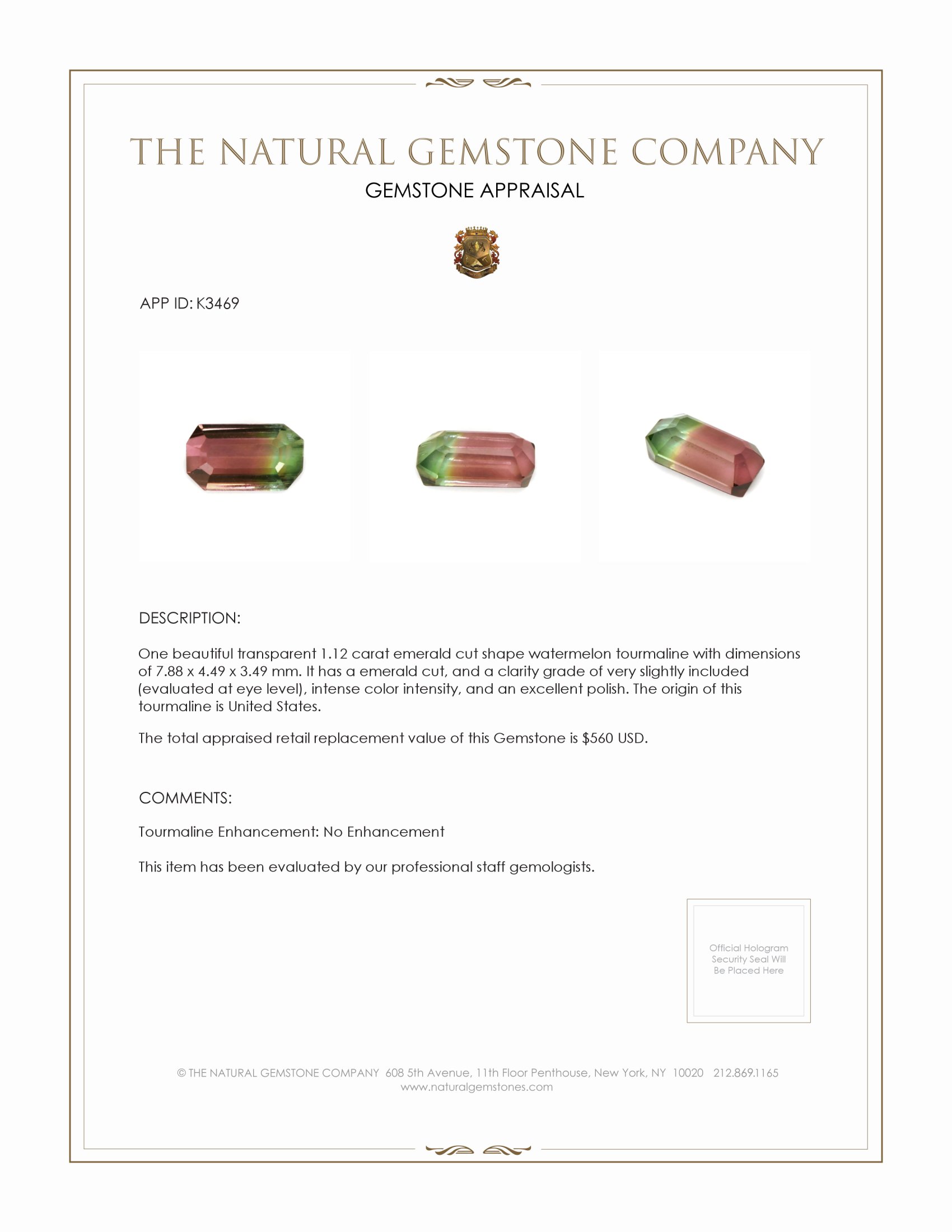 1.12 Ct. Tourmaline from United States