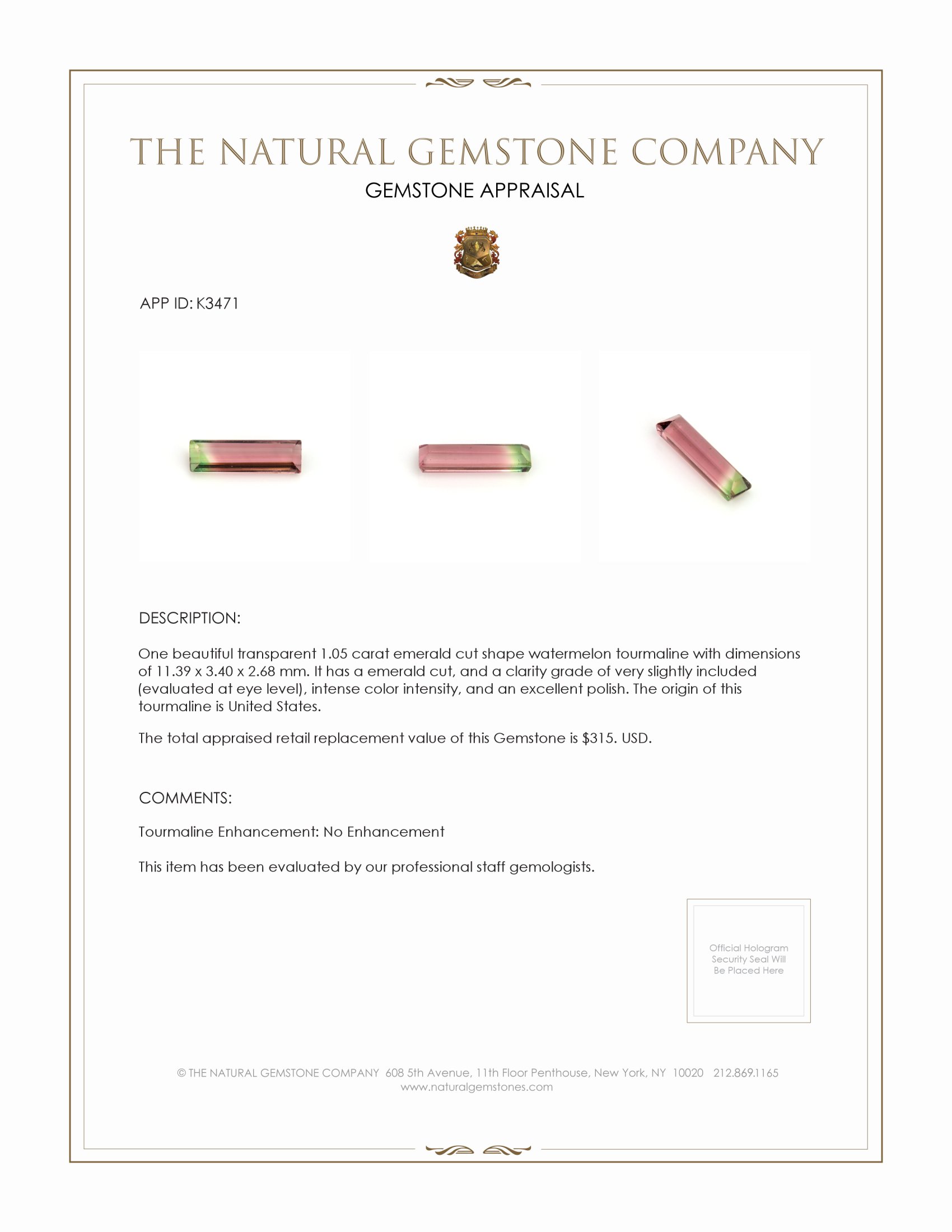 1.05 Ct. Tourmaline from United States