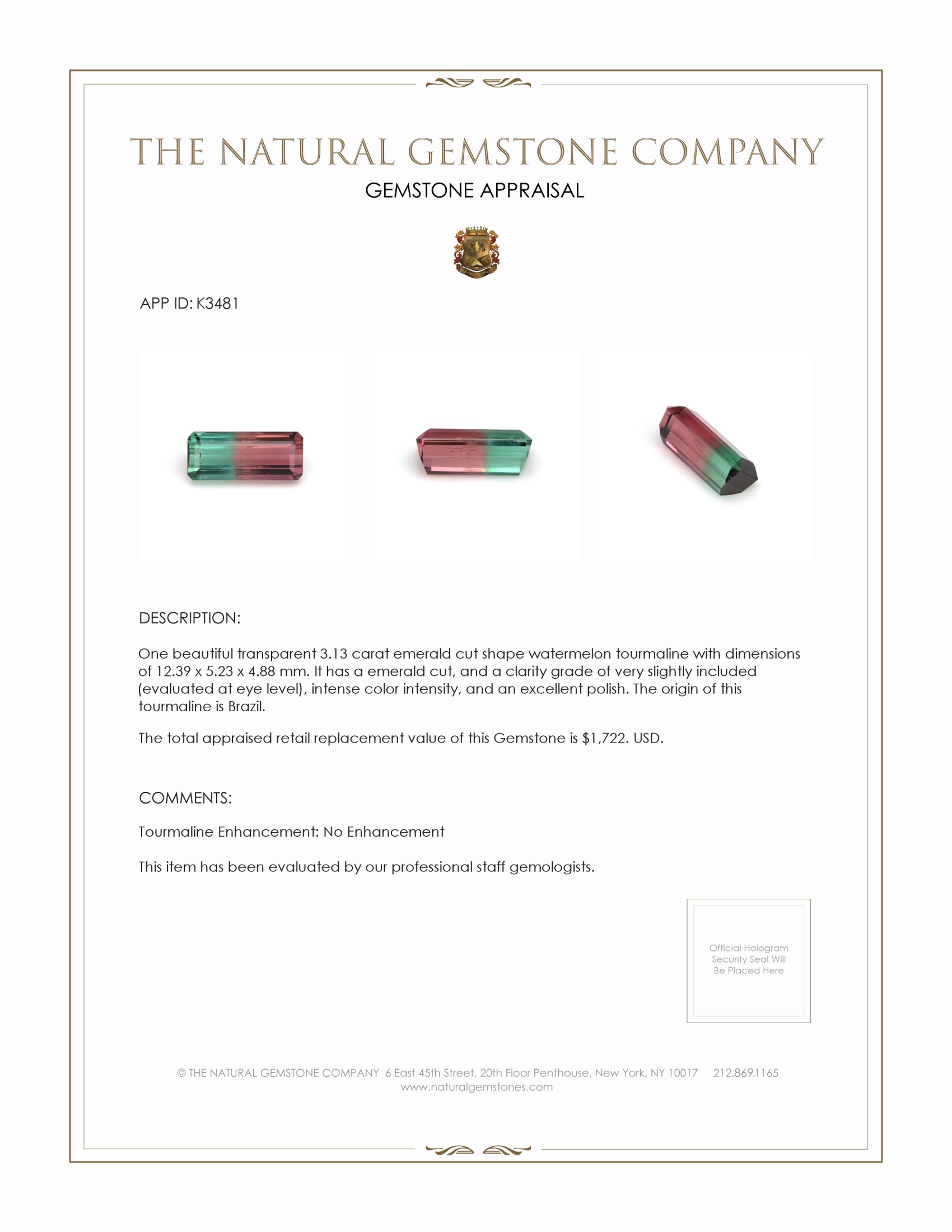 3.13 Ct. Tourmaline from Brazil