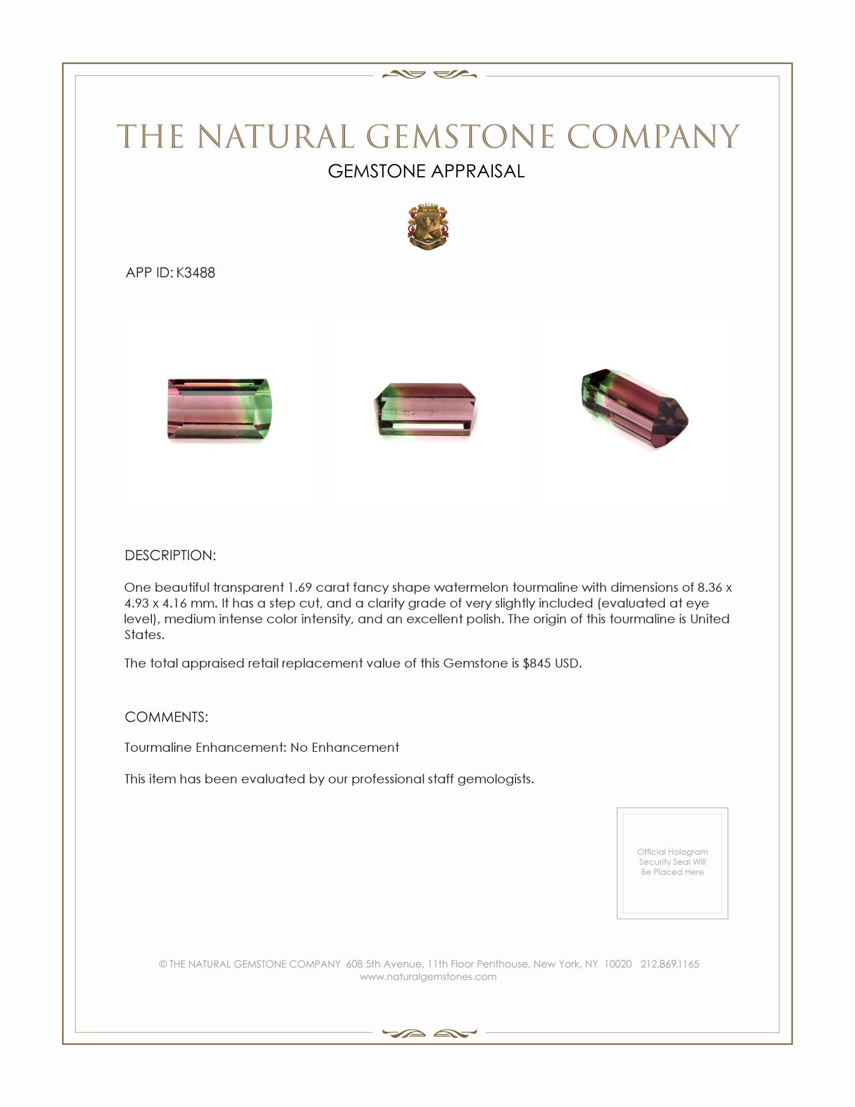 1.69 Ct. Tourmaline from United States