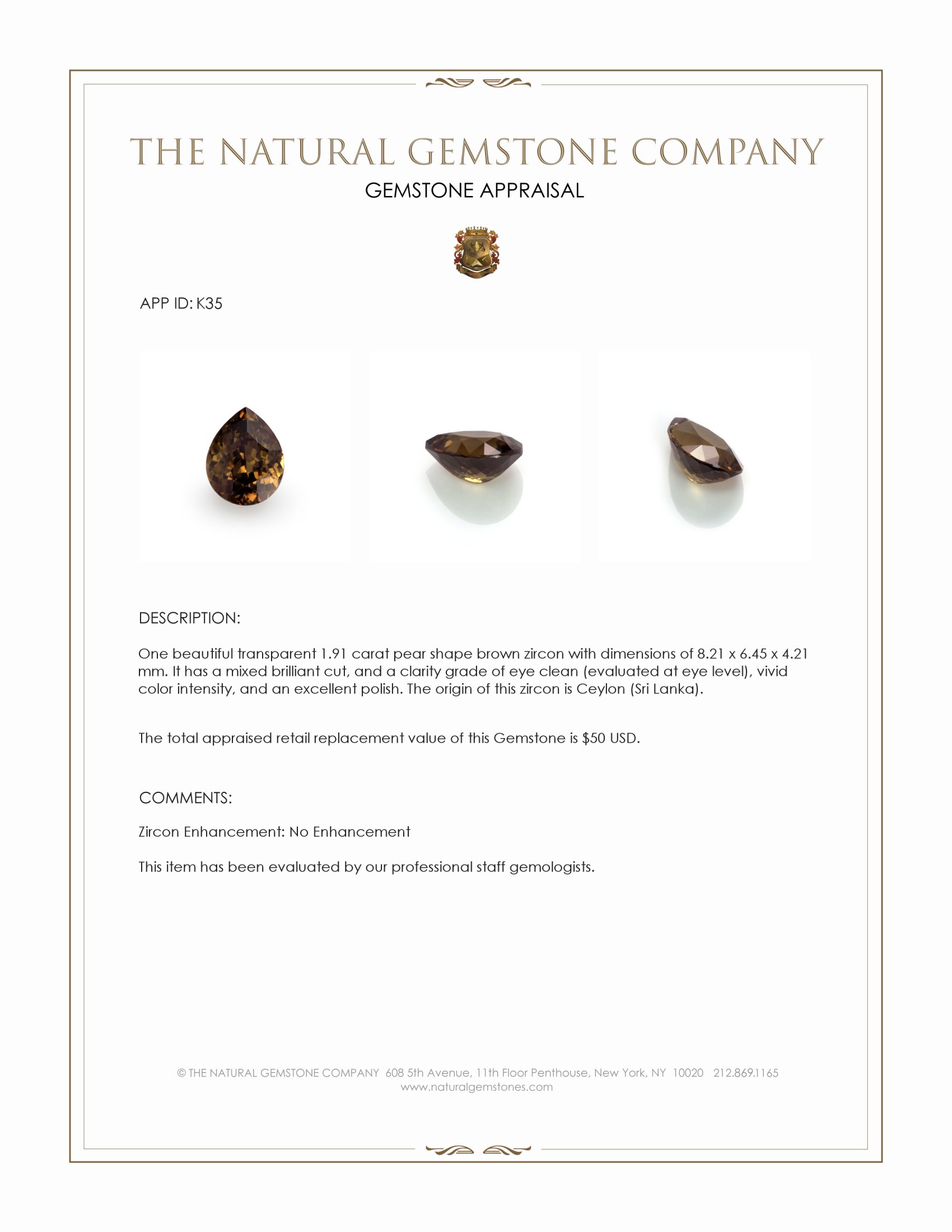 1.91 Ct. Brown Zircon from Ceylon (Sri Lanka)