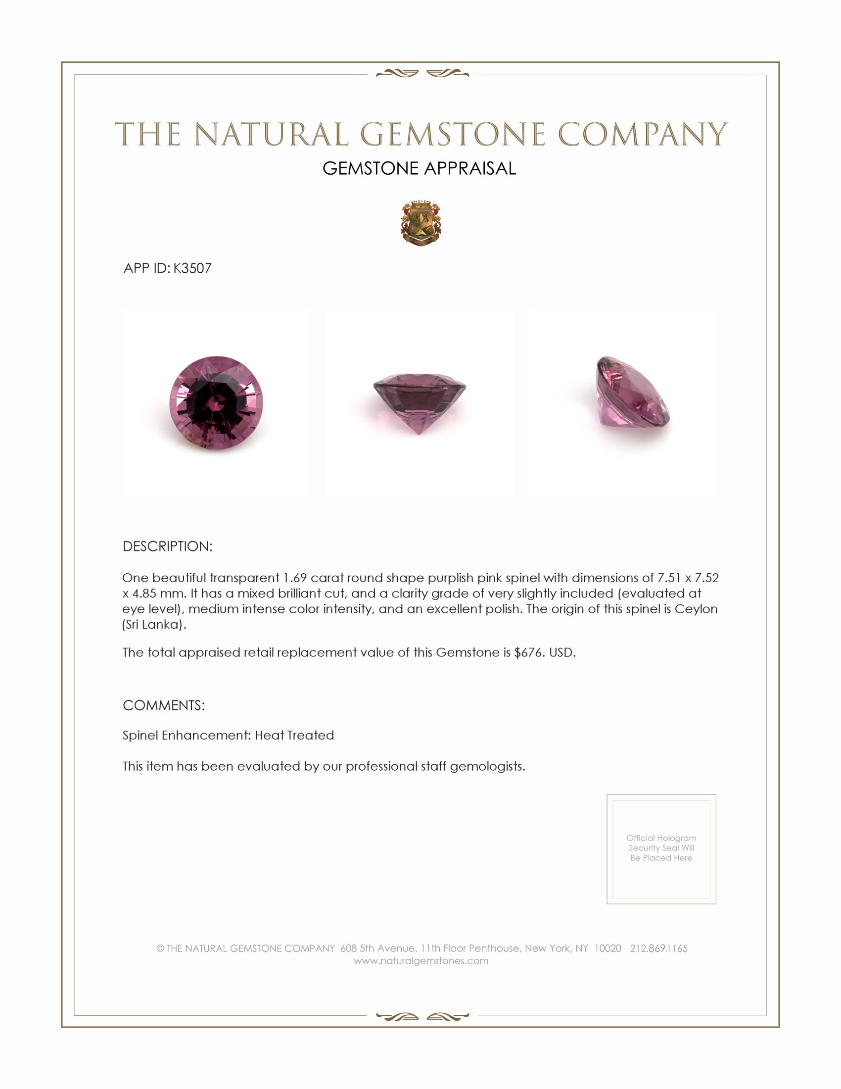 1.69 Ct. Spinel from Ceylon (Sri Lanka)