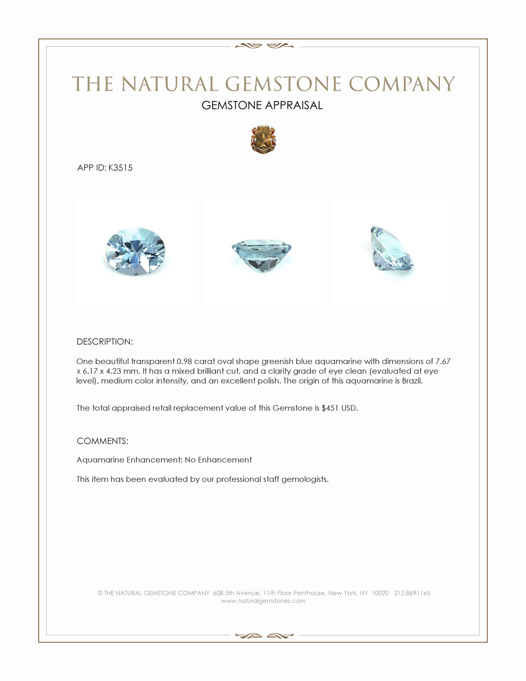 0.98 Ct. Greenish Blue Aquamarine from Brazil