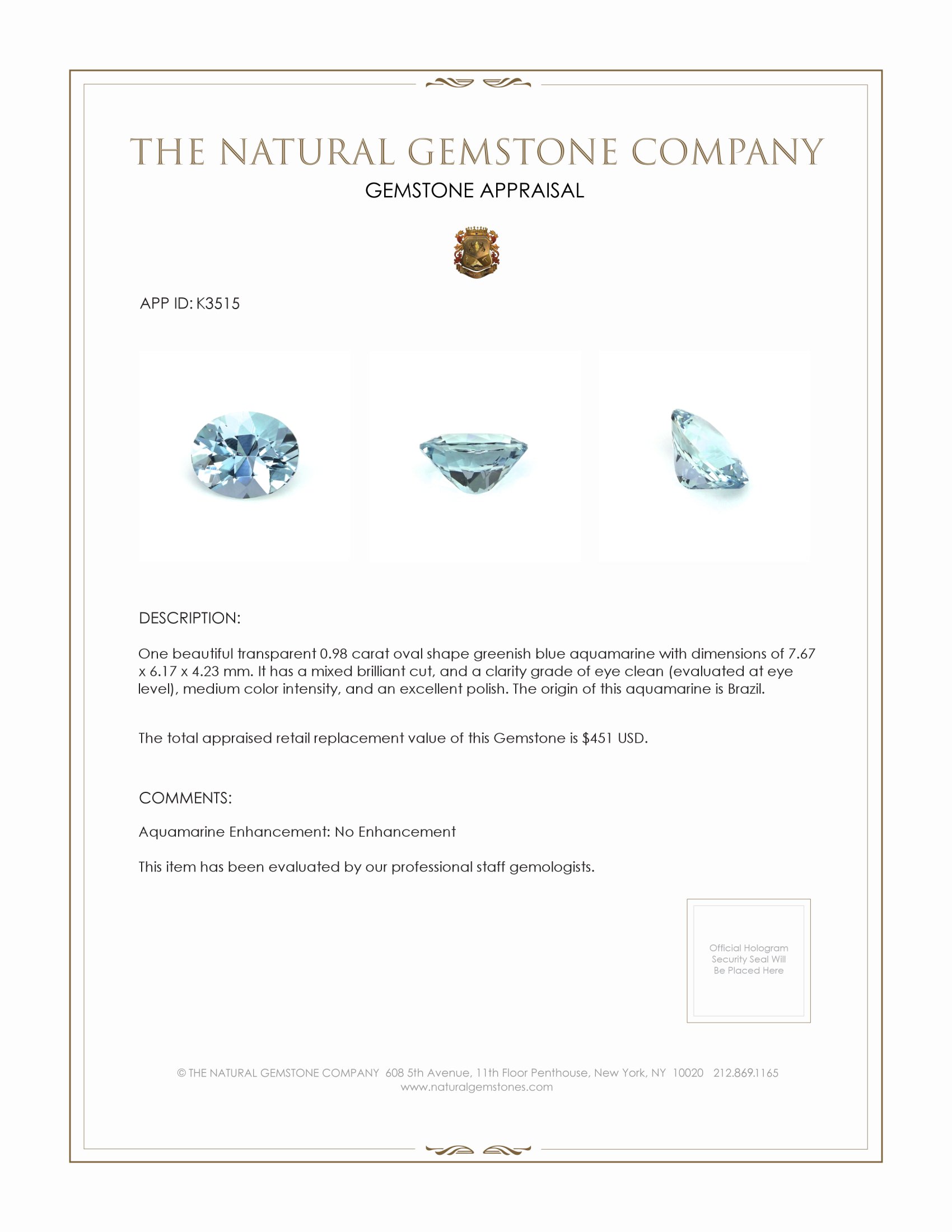 0.98 Ct. Aquamarine from Brazil