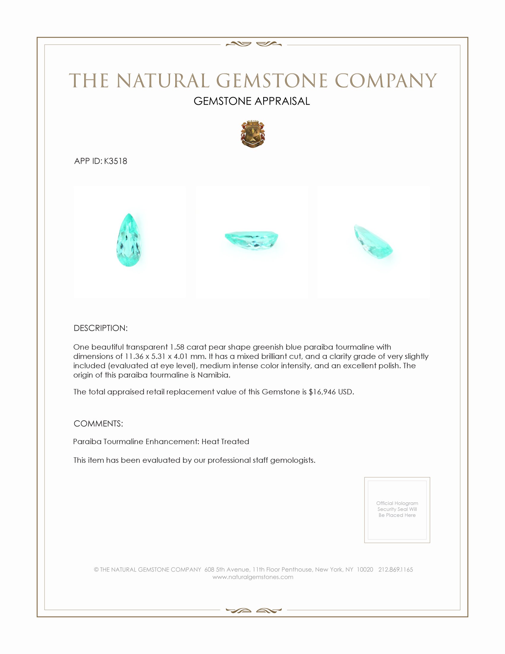 1.58 Ct. Paraiba Tourmaline from Namibia