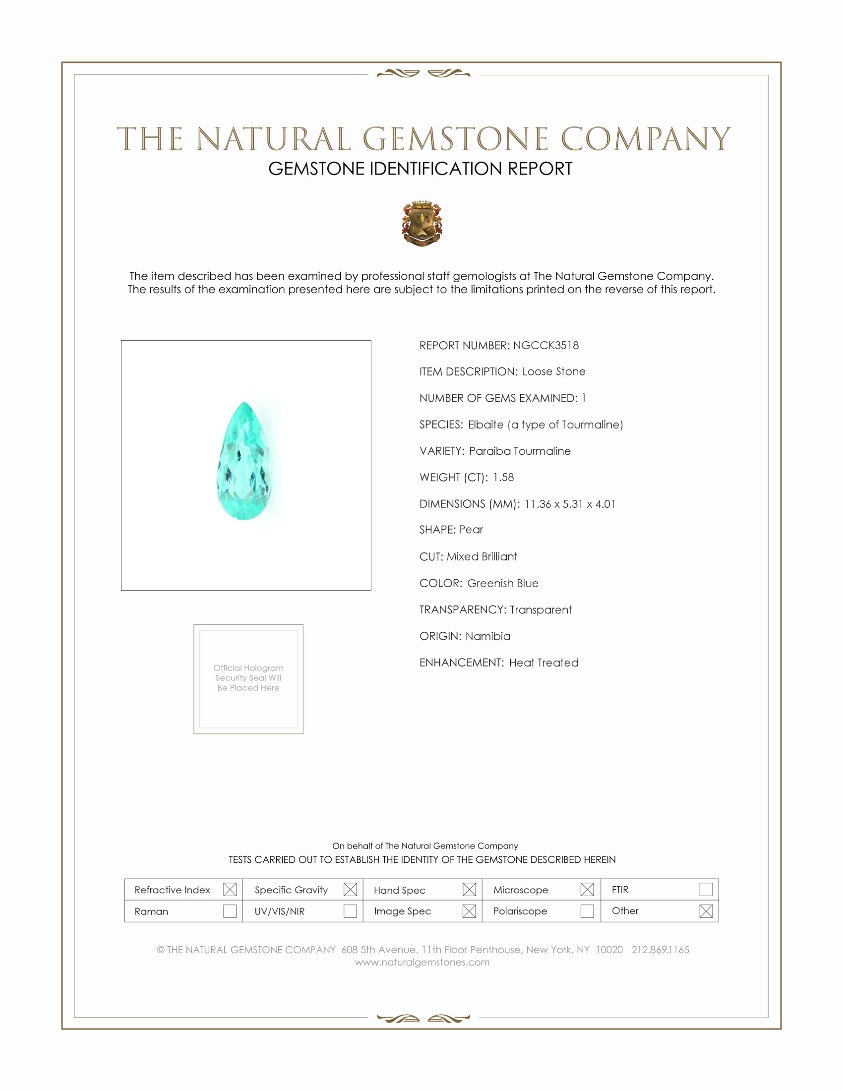 1.58 Ct. Paraiba Tourmaline from Namibia