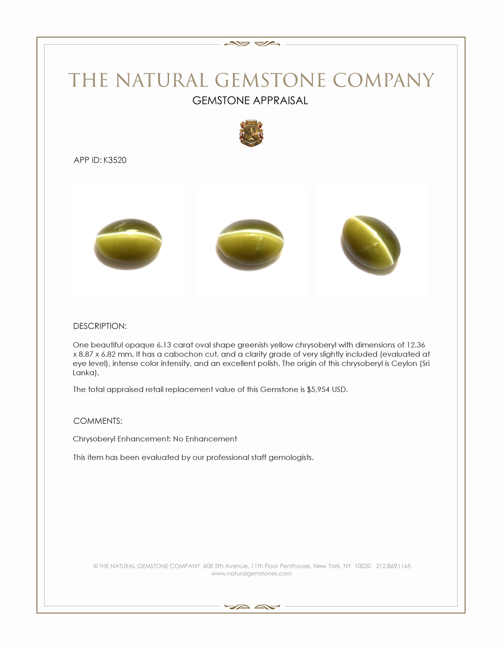 6.13 Ct. Greenish Yellow Cabochon Chrysoberyl from Ceylon (Sri Lanka)